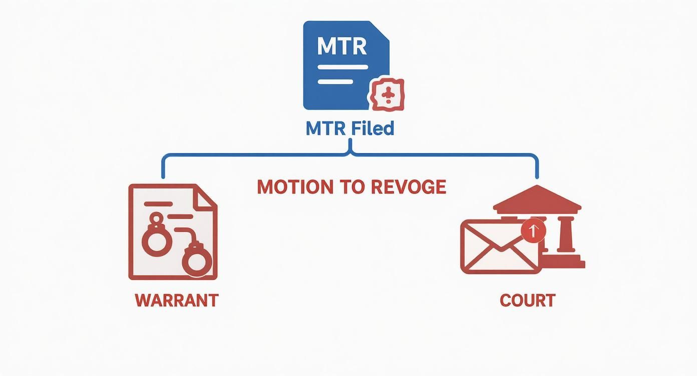 Flowchart illustrating the consequences of a Motion to Revoke Probation (MTR) showing paths to Warrant or Court.