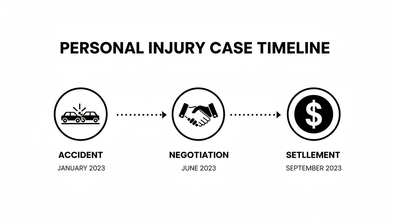 A personal injury case timeline showing an accident in January, negotiation in June, and settlement in September 2023.