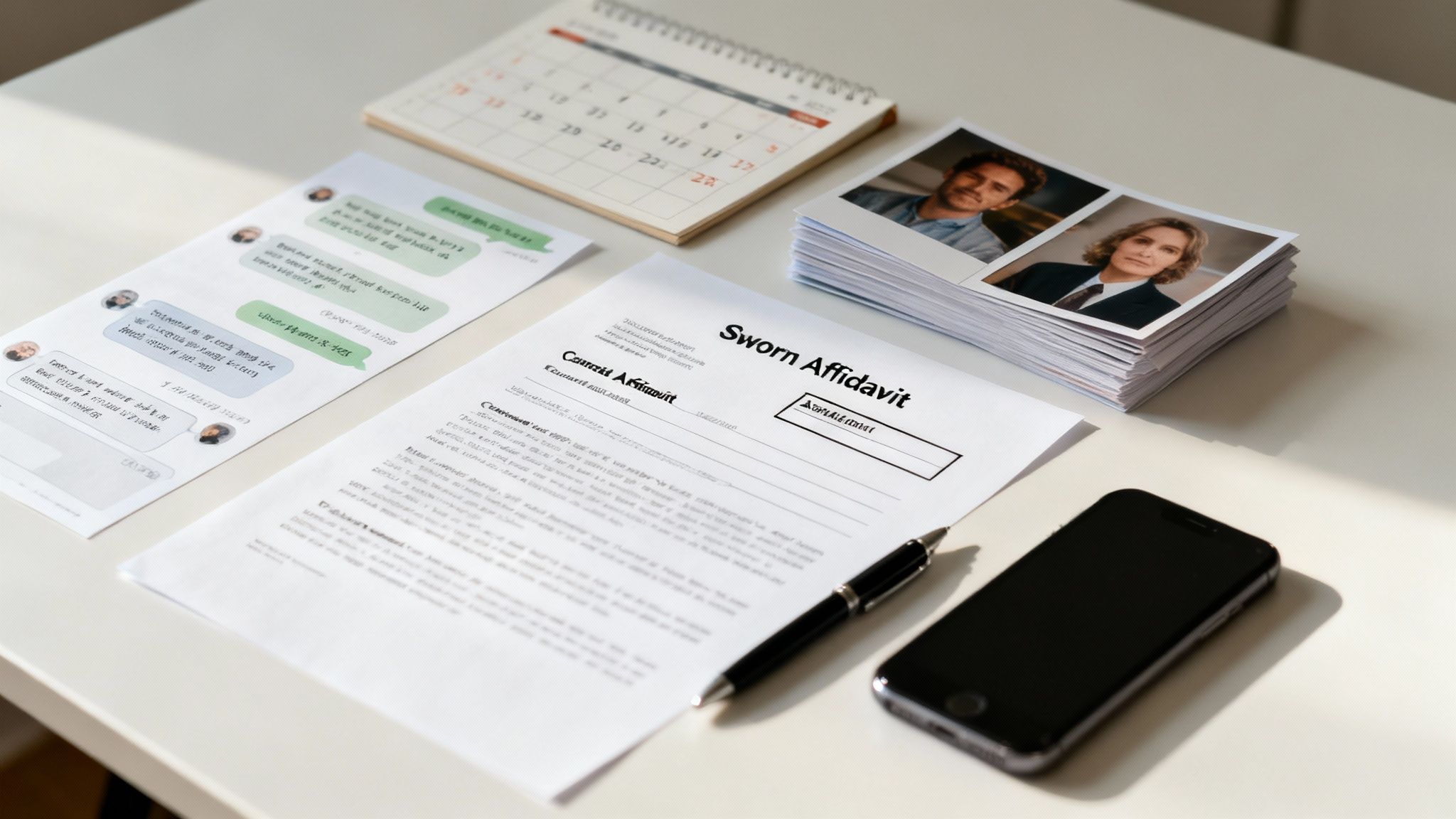 A desk with a 'Sworn Affidavit' document, chat messages, calendar, photos, pen, and phone.