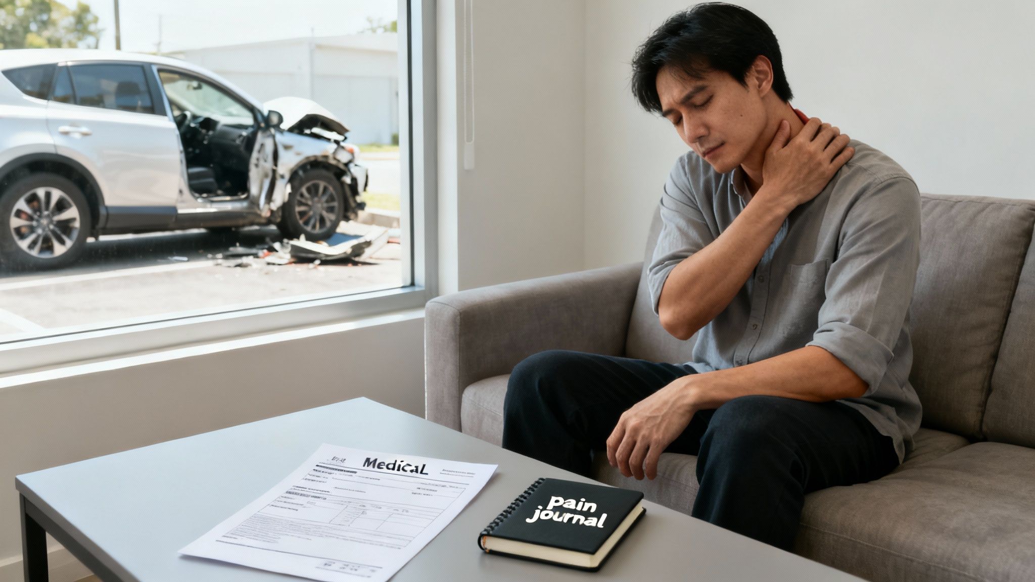 A man holds his painful neck, with medical forms and a pain journal, after a car accident.