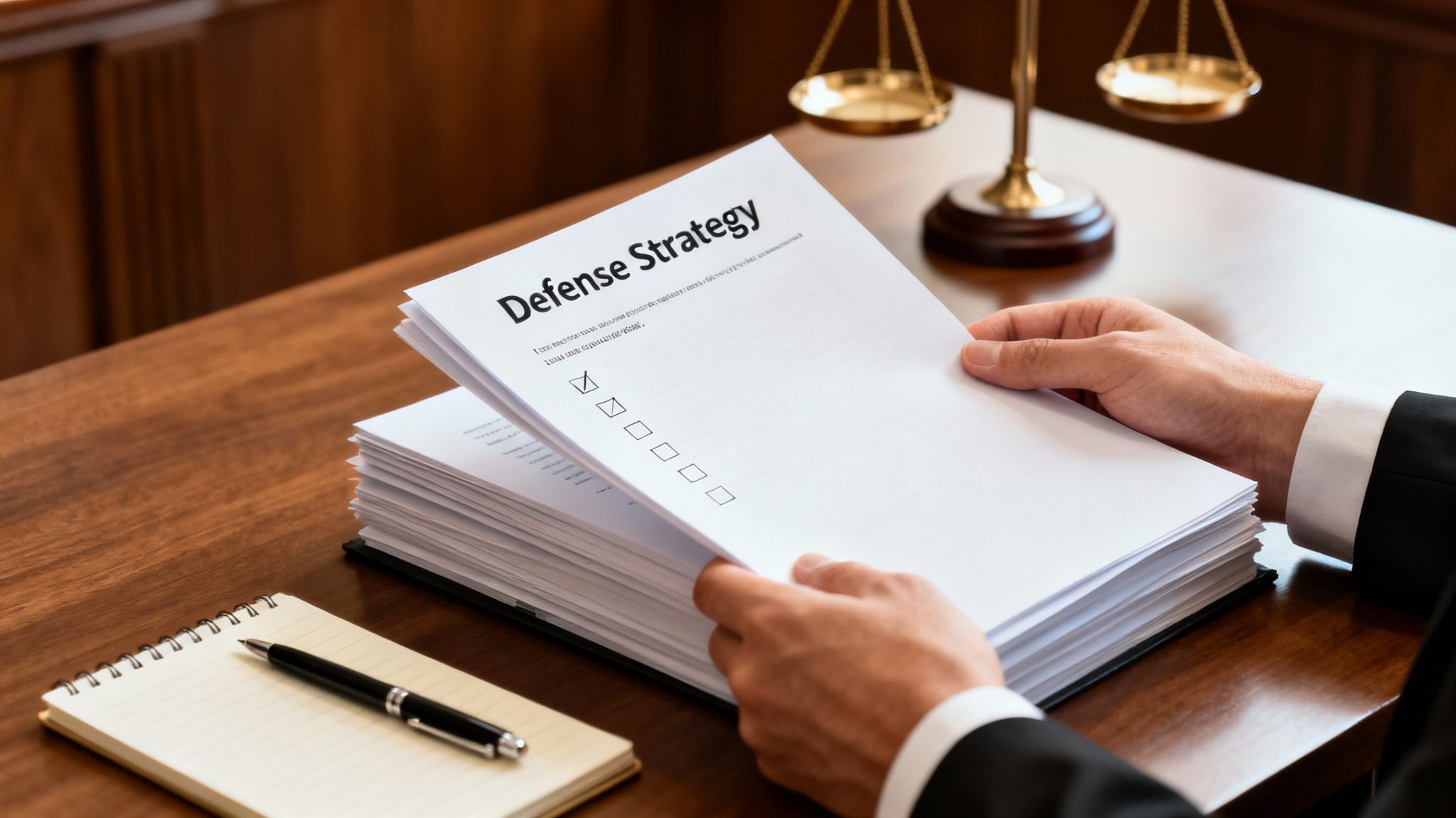 A professional holds a "Defense Strategy" document, surrounded by legal scales and office supplies.