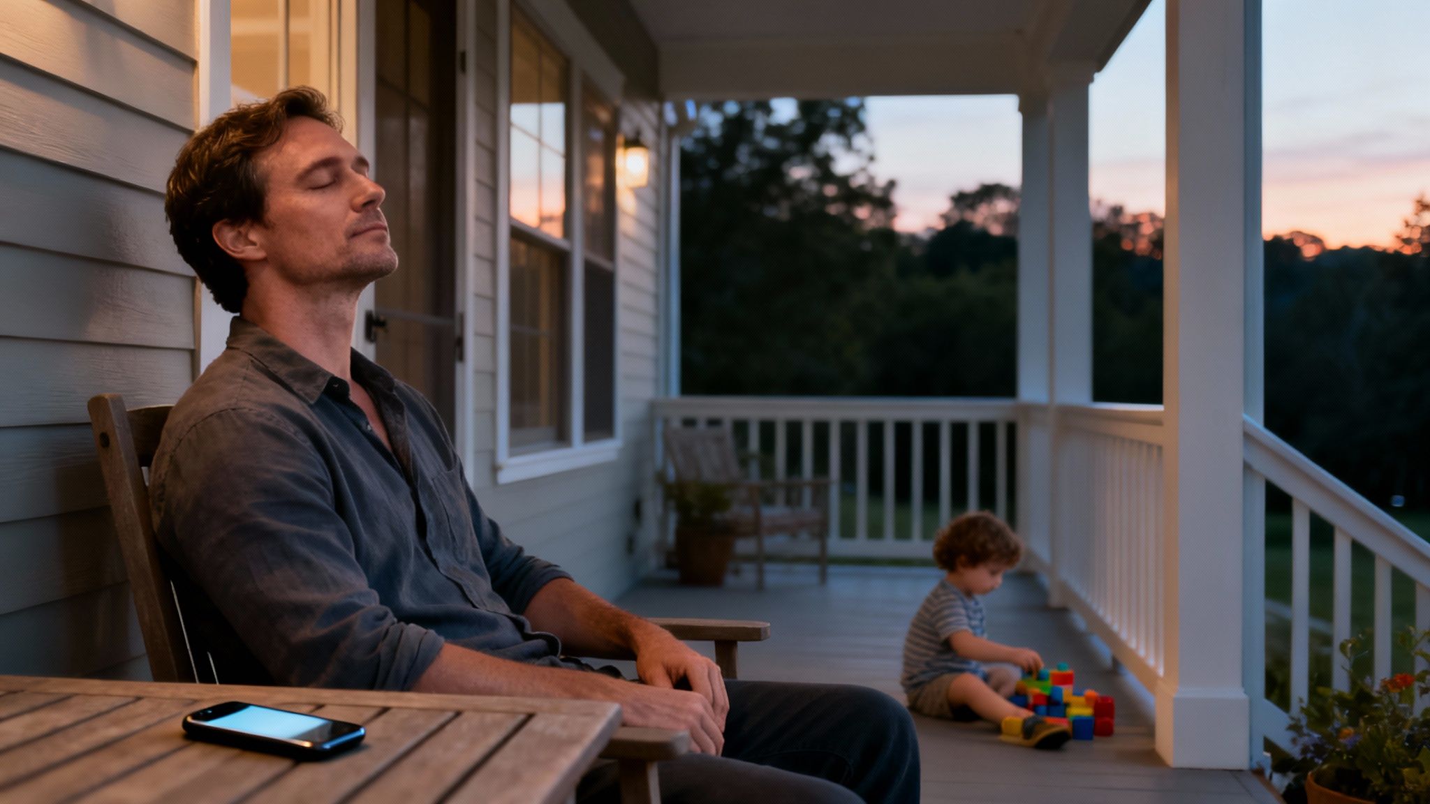 A man with eyes closed relaxes on a porch as a child plays nearby at sunset.