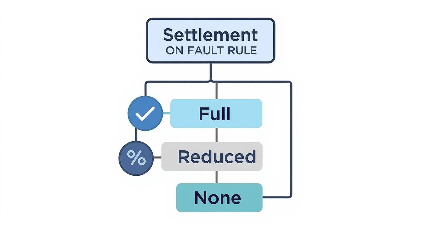 Infographic showing a hierarchy diagram about car accident settlement amounts based on fault, with branches for Full, Reduced, and No settlement.