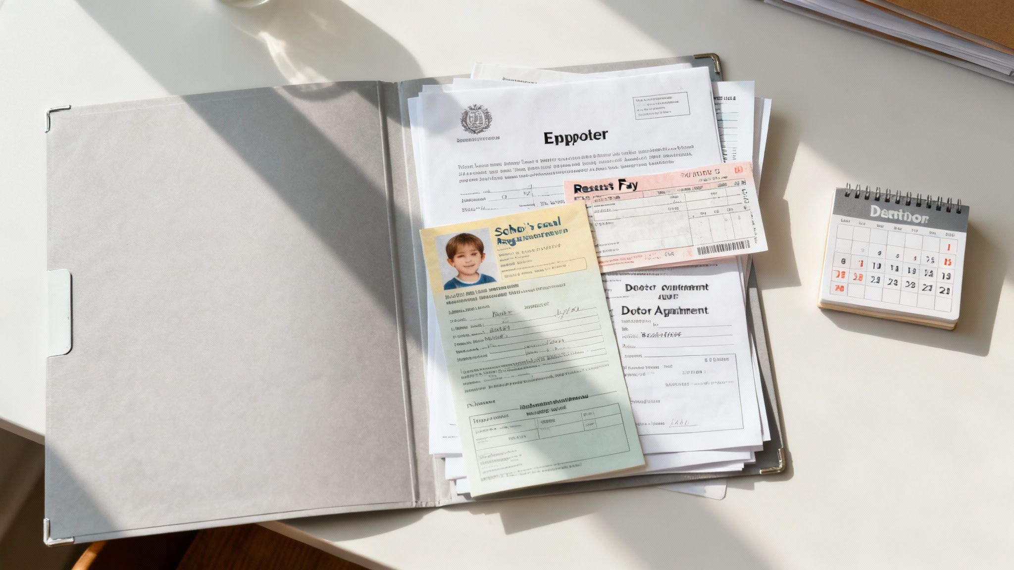 A desk with an open file folder, a stack of documents, a child's photo, and a calendar.