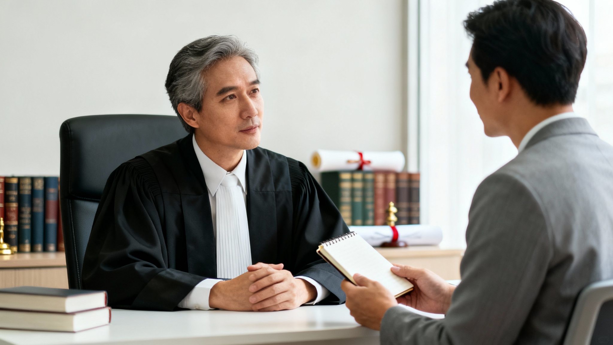 A judge in a black robe listening intently to a man in a suit holding a notebook during a legal consultation.