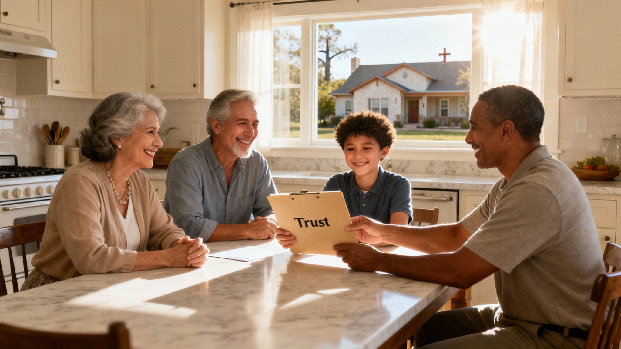 A multi-generational family discussing a trust document at a kitchen table, smiling.