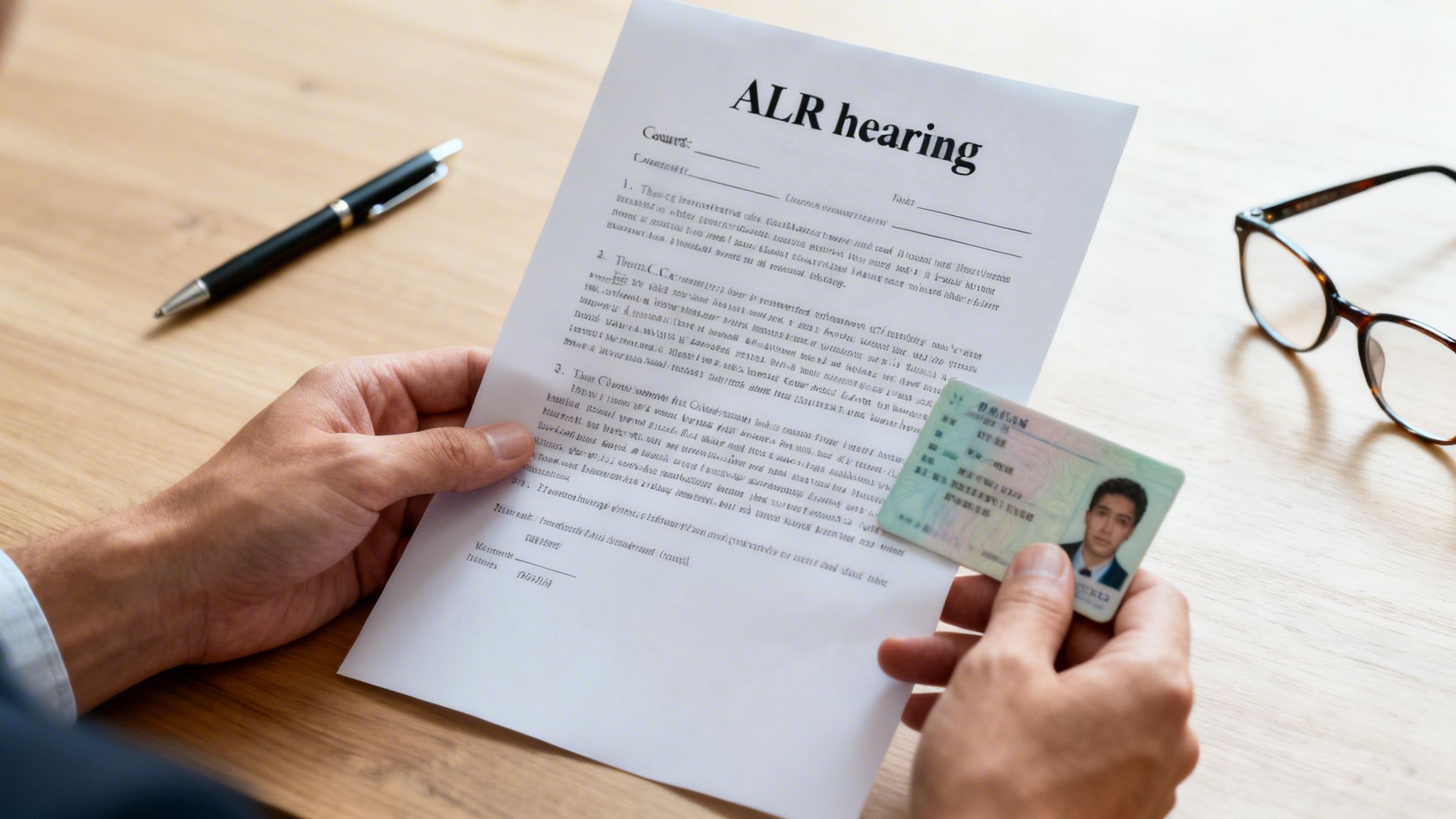 A person holds an ALR hearing document and an ID card, with a pen and glasses on a wooden desk.