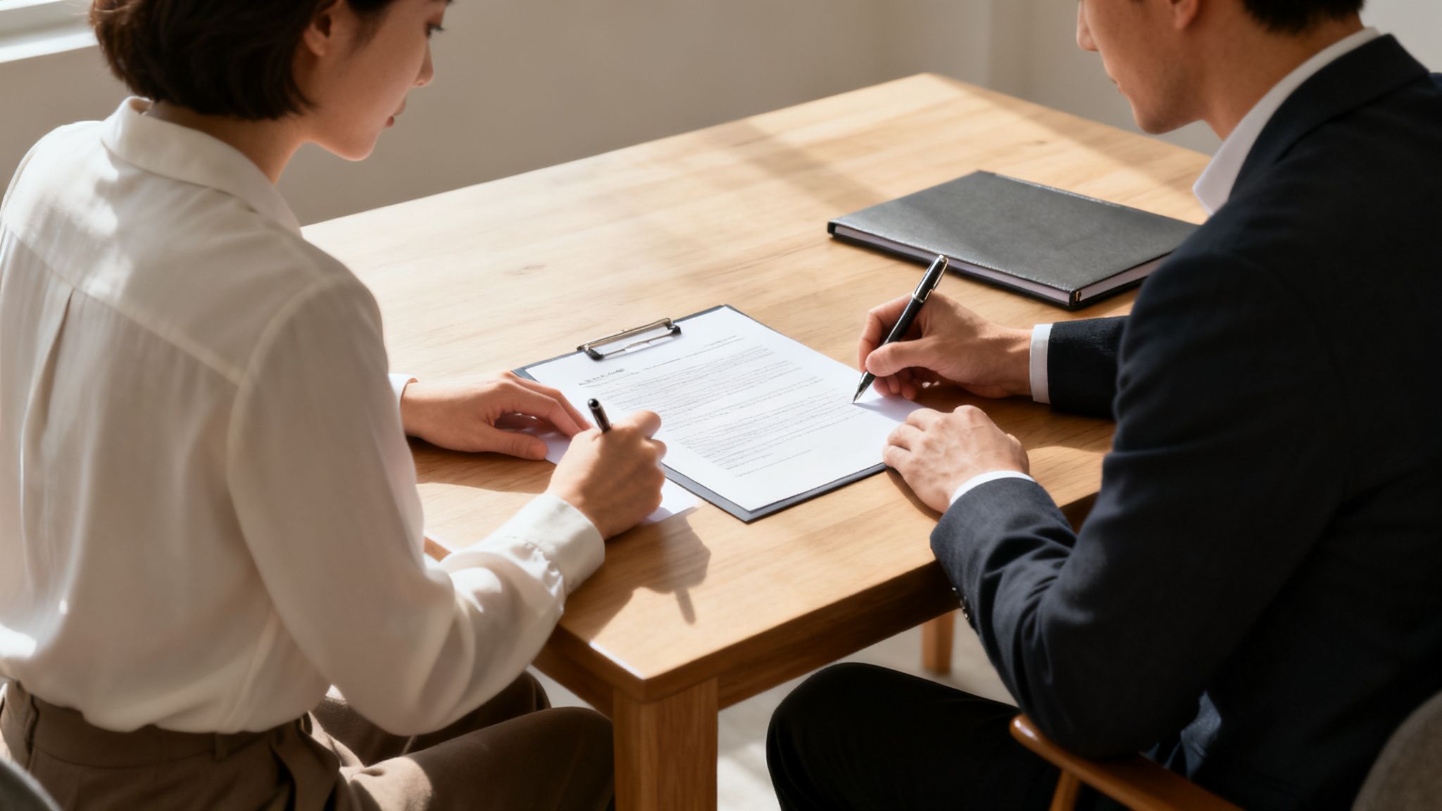 Two people, a man and a woman, signing a document on a clipboard at a wooden table.