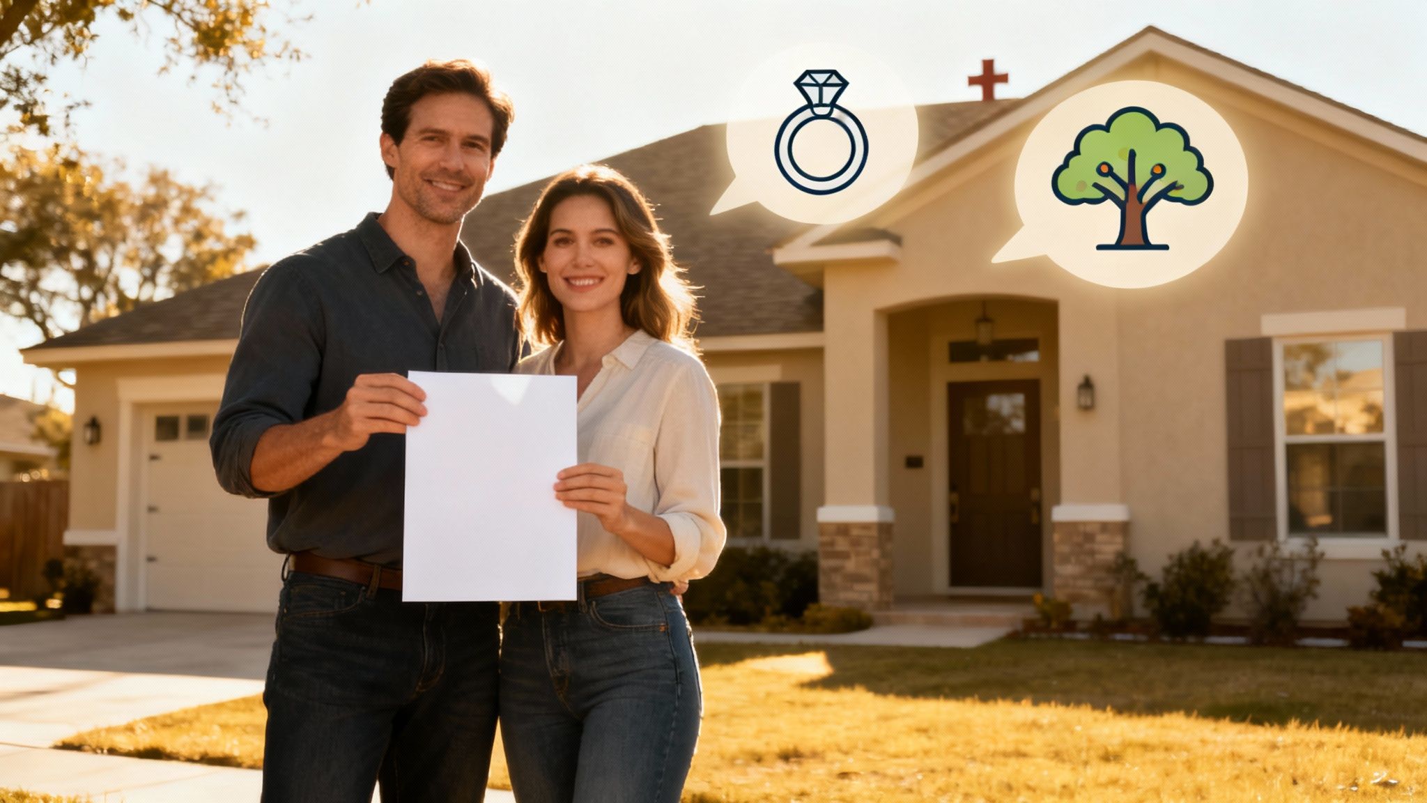 Couple holding a blank document in front of their house, symbolizing marriage and family ownership, with icons of a ring and a tree representing significant life events and property changes in Texas.