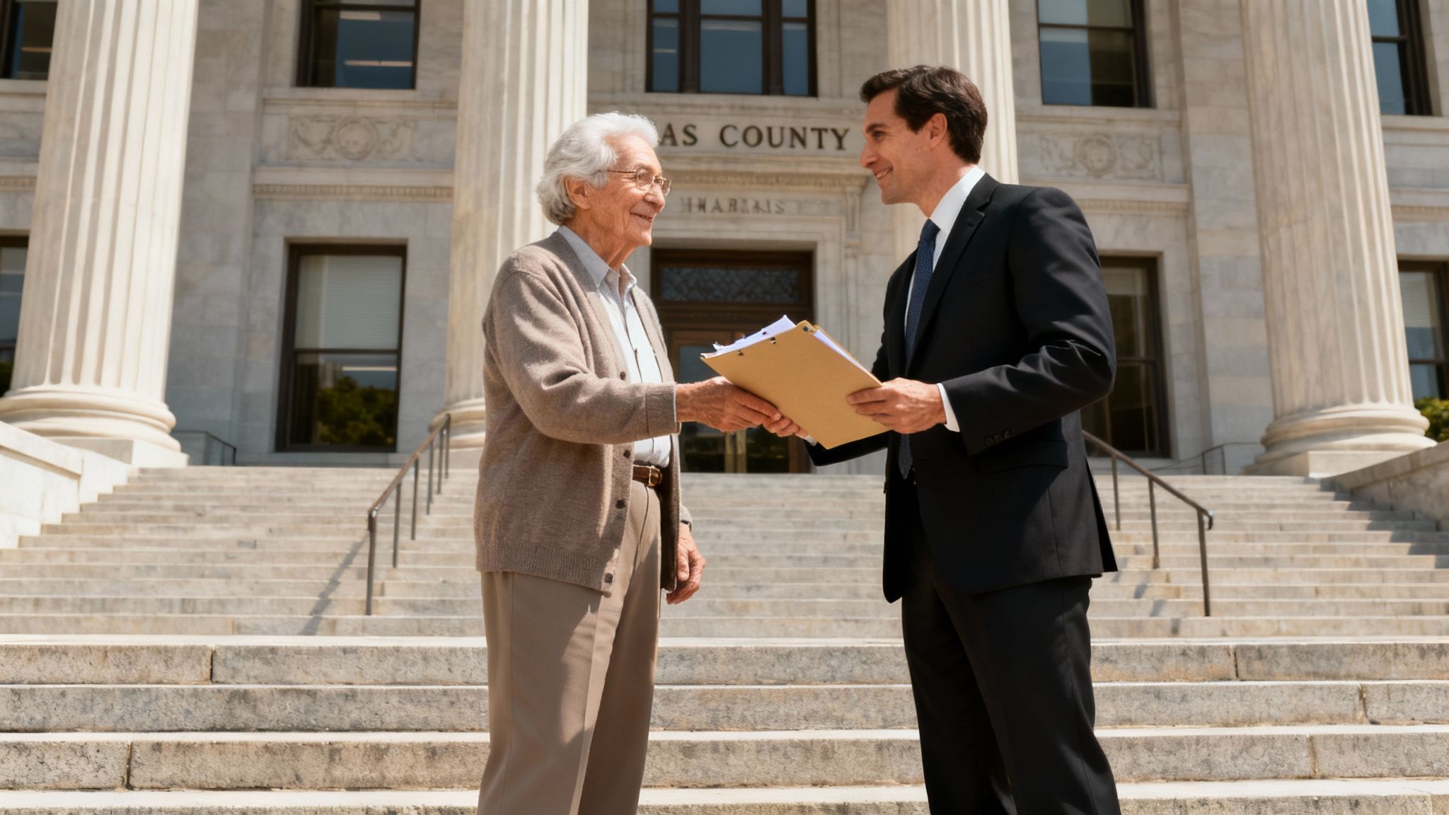 Two men, one a lawyer in a suit and the other an older client, shake hands on courthouse steps.