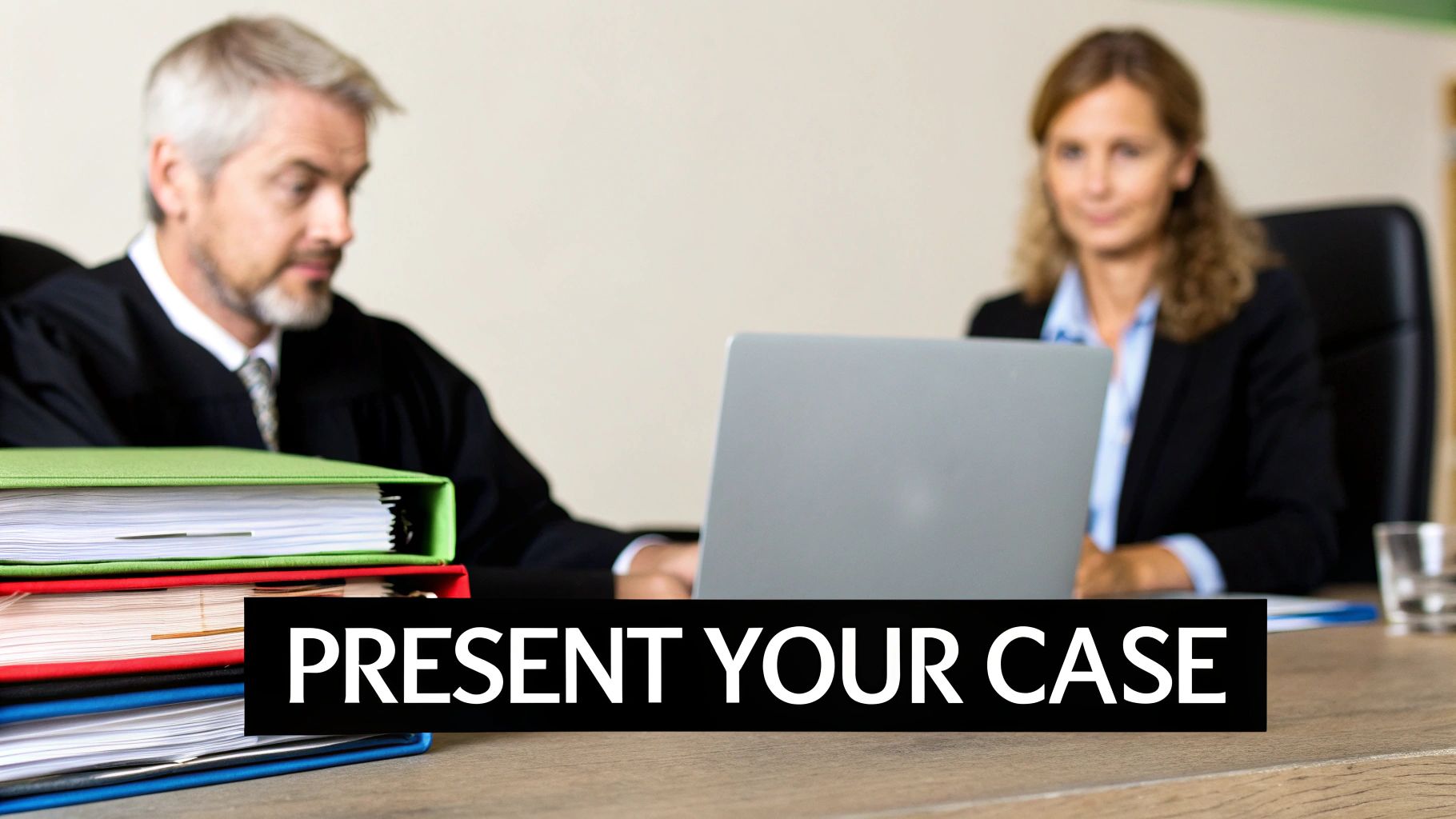 A judge in a black robe and a lawyer with a laptop discuss a case in a courtroom.