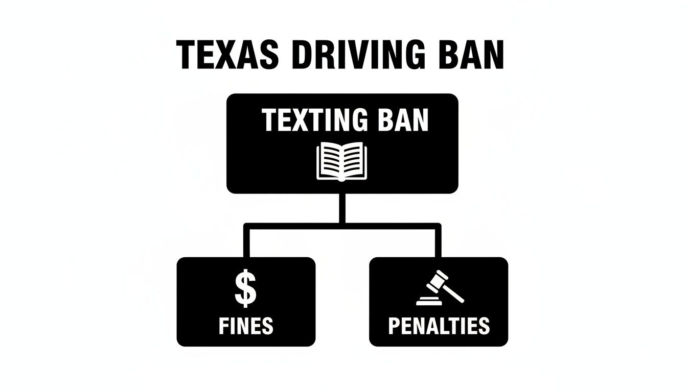 A diagram outlining Texas's texting while driving ban, detailing associated fines and penalties.
