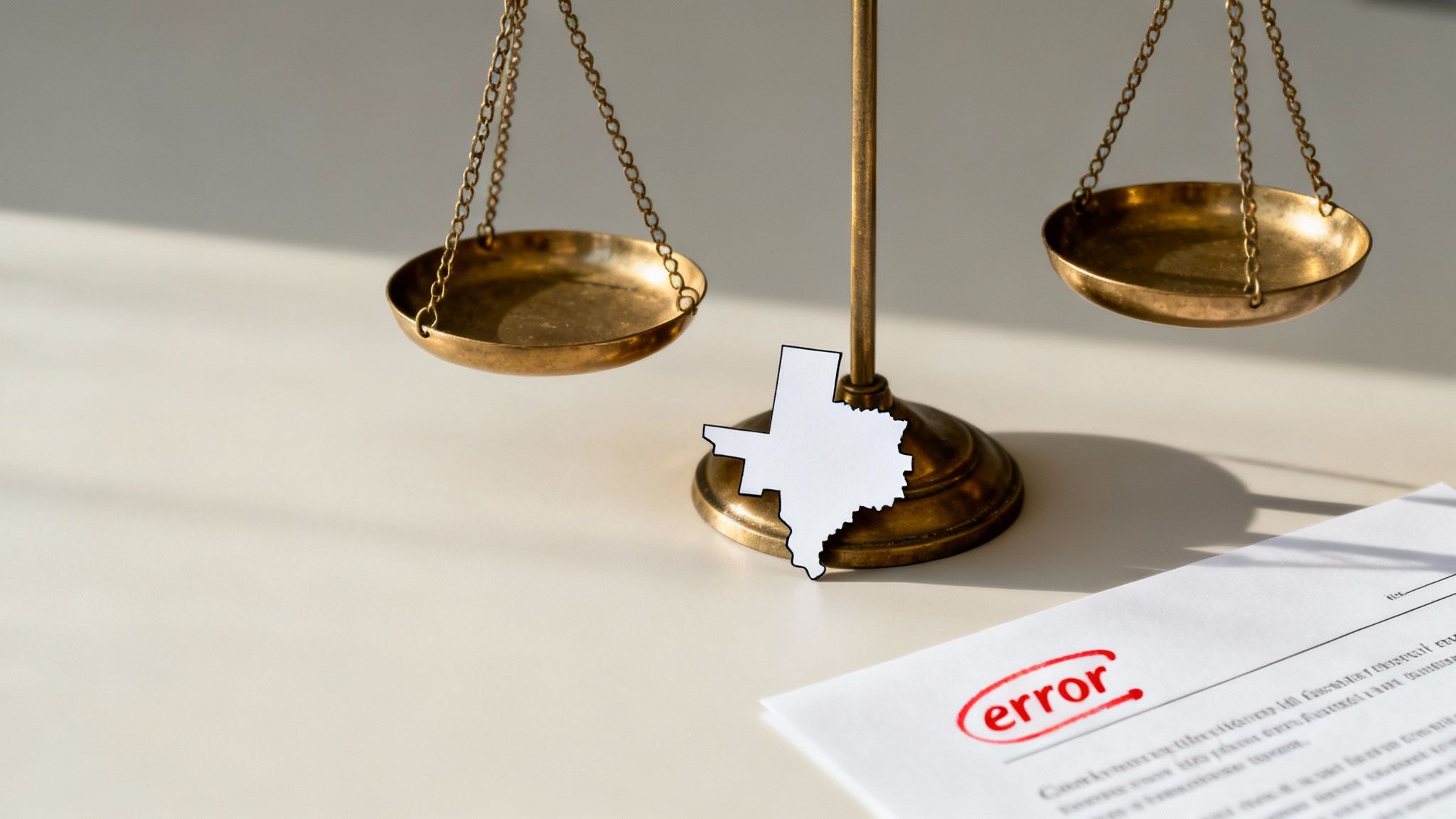 Balanced scales of justice with Texas state outline and legal document marked error