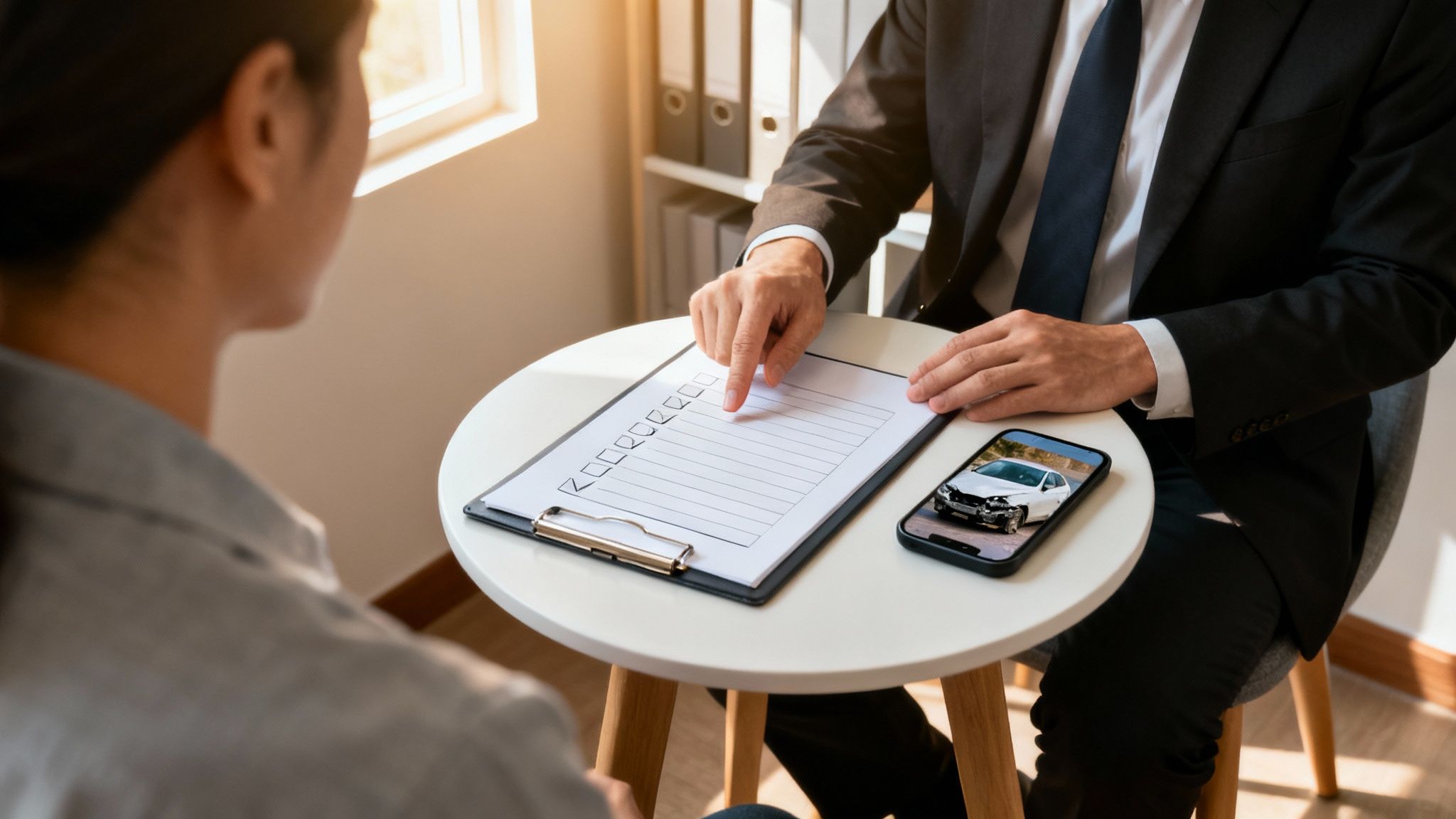 A lawyer from The Law Office of Bryan Fagan, PLLC, compassionately advising a client after a car accident.