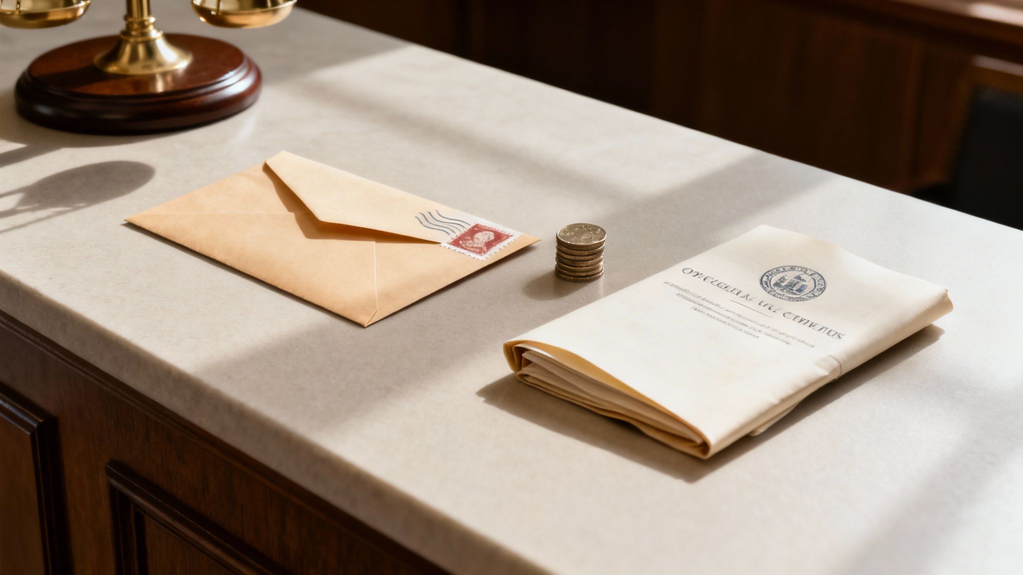 A gavel and legal documents on a wooden desk, symbolizing court costs.