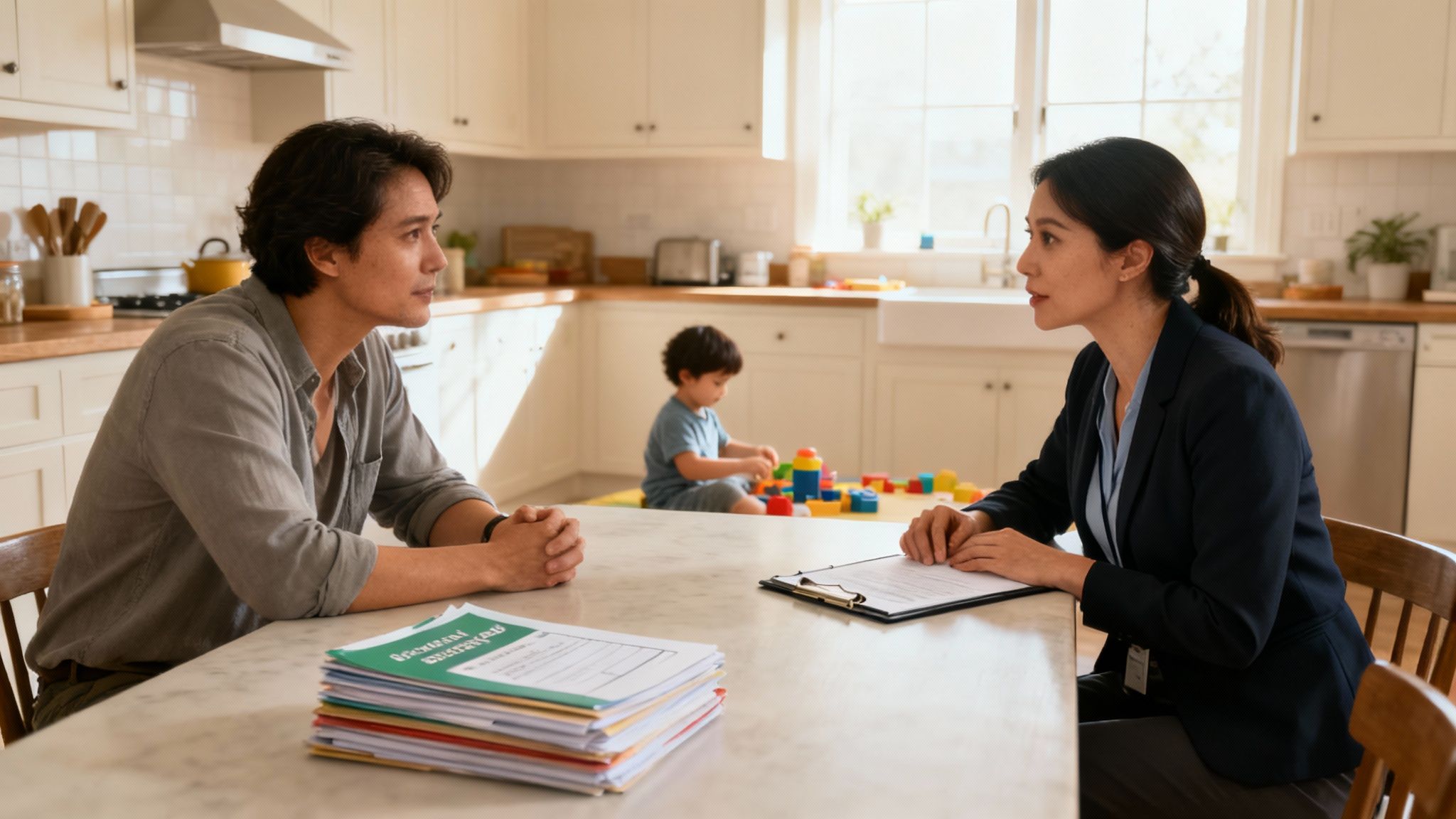 A caseworker sitting at a table with a family, reviewing documents.