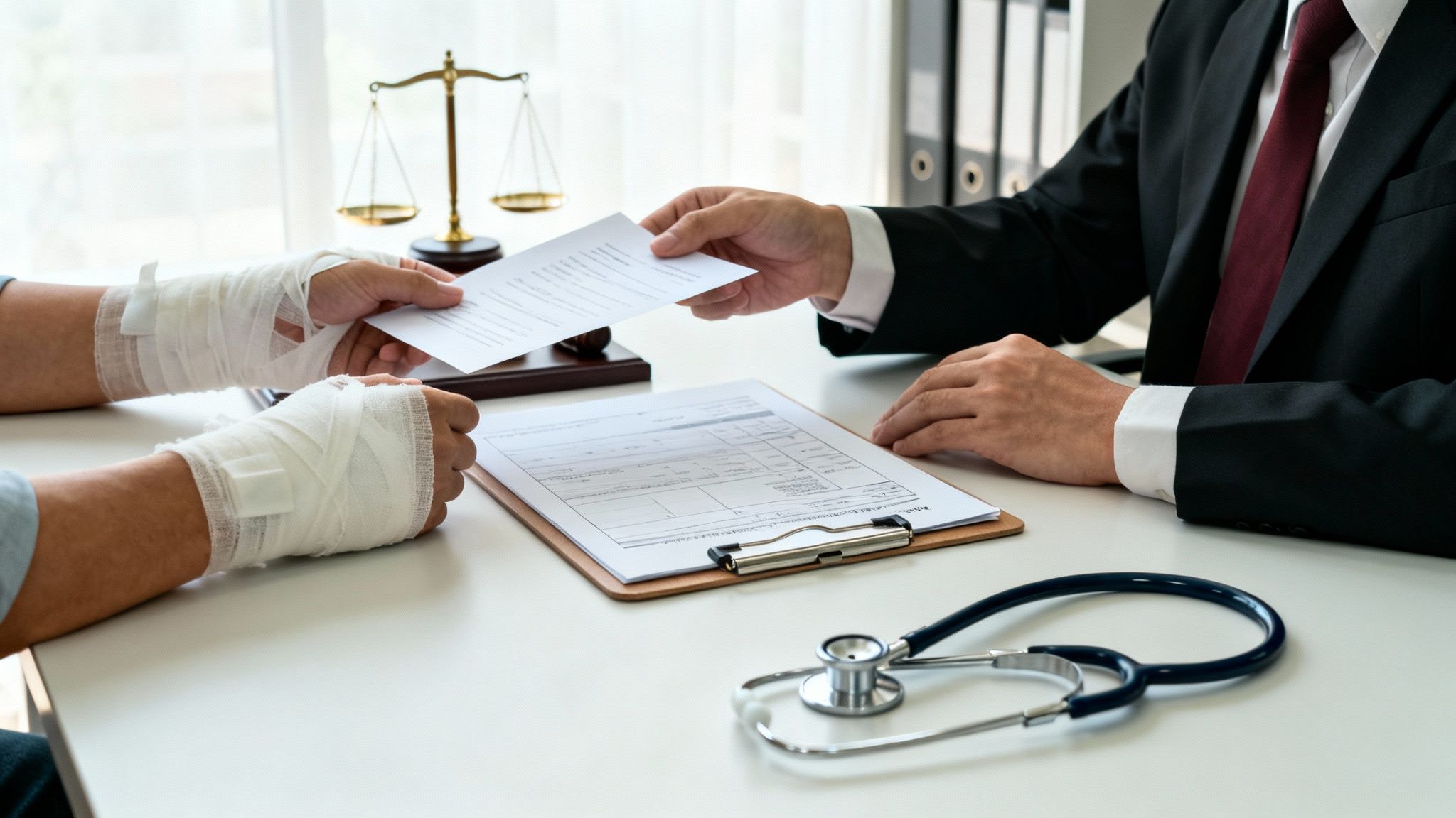 A person with bandaged hands receives a legal document from a lawyer during an injury claim consultation.