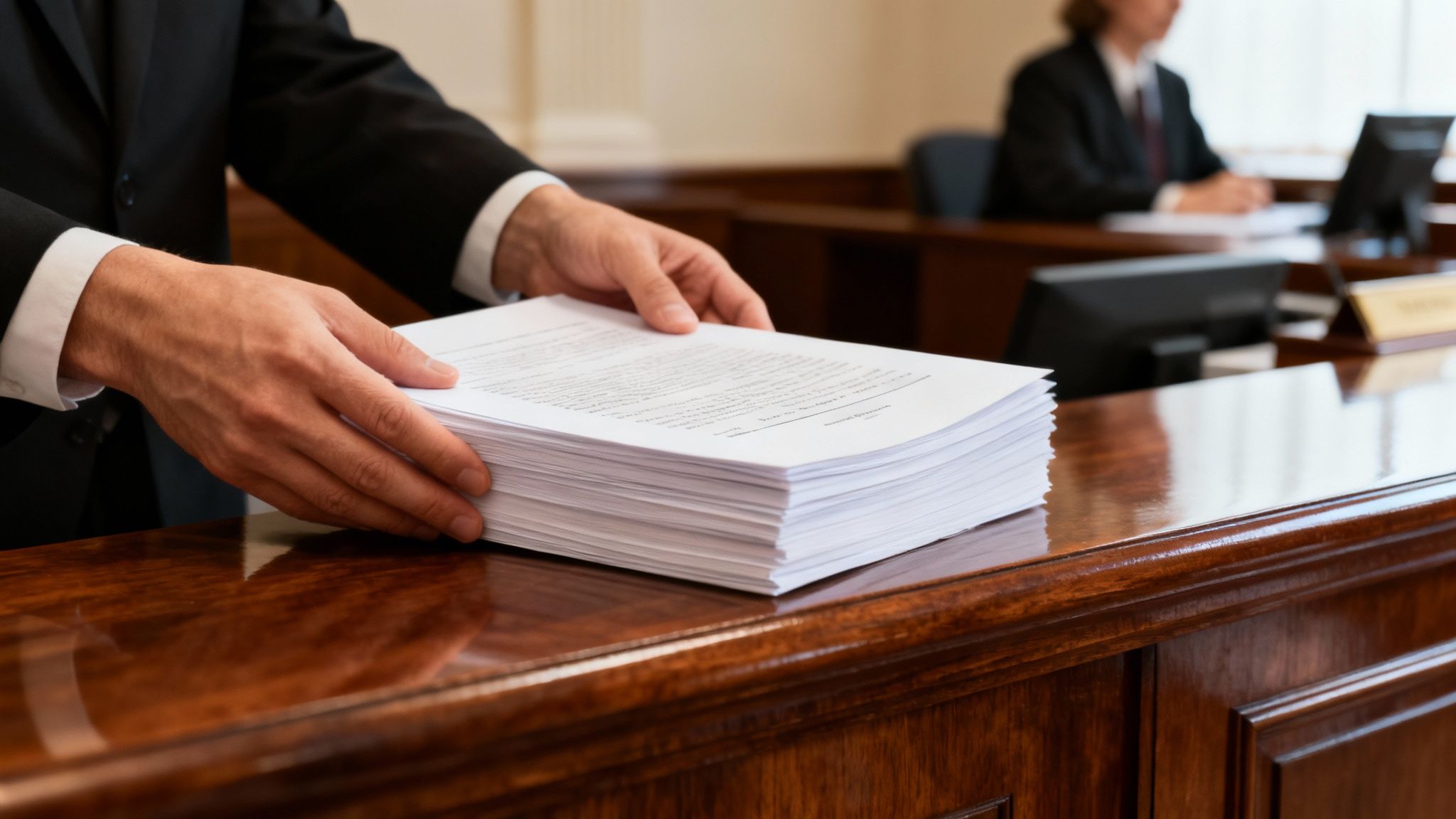 Hands in a suit place a large stack of legal papers on a polished court desk.