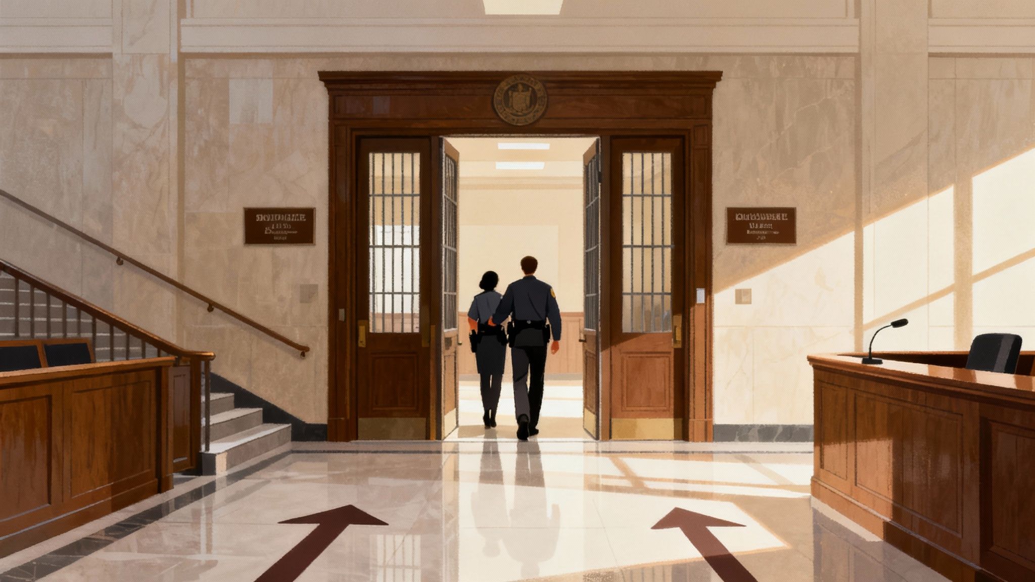 Two police officers walking through a courthouse entrance, symbolizing the legal process after a felony arrest in Texas, with wooden paneling and a judge's bench visible in the background.
