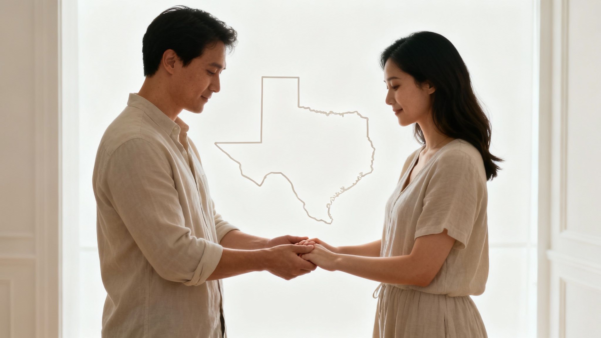 A loving couple holding hands, gazing at each other, with a map of Texas between them.