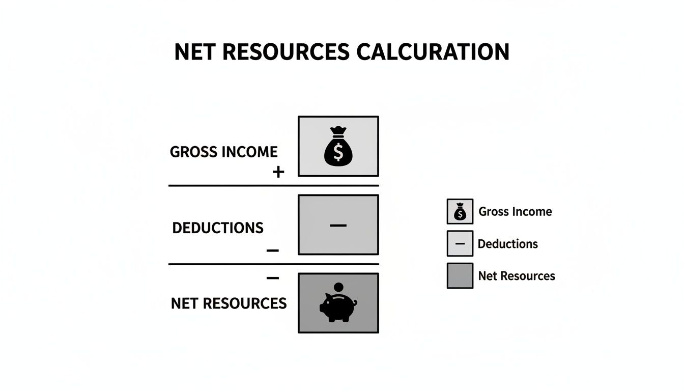 A diagram illustrating net resources calculation: Gross Income minus Deductions equals Net Resources.