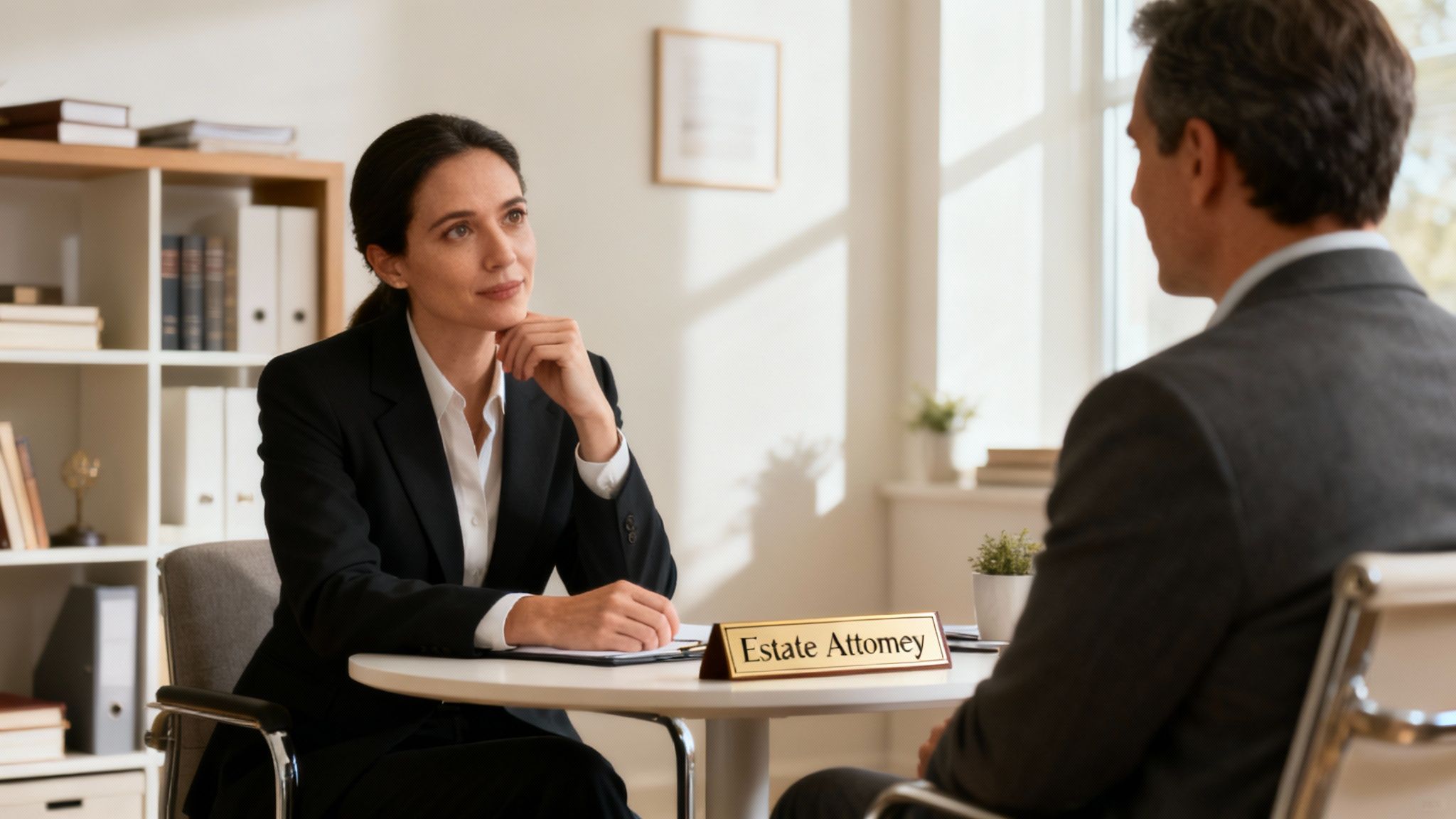 Un abogado hispano en Houston revisando documentos de planificación patrimonial con una pareja, mostrando empatía y profesionalismo.