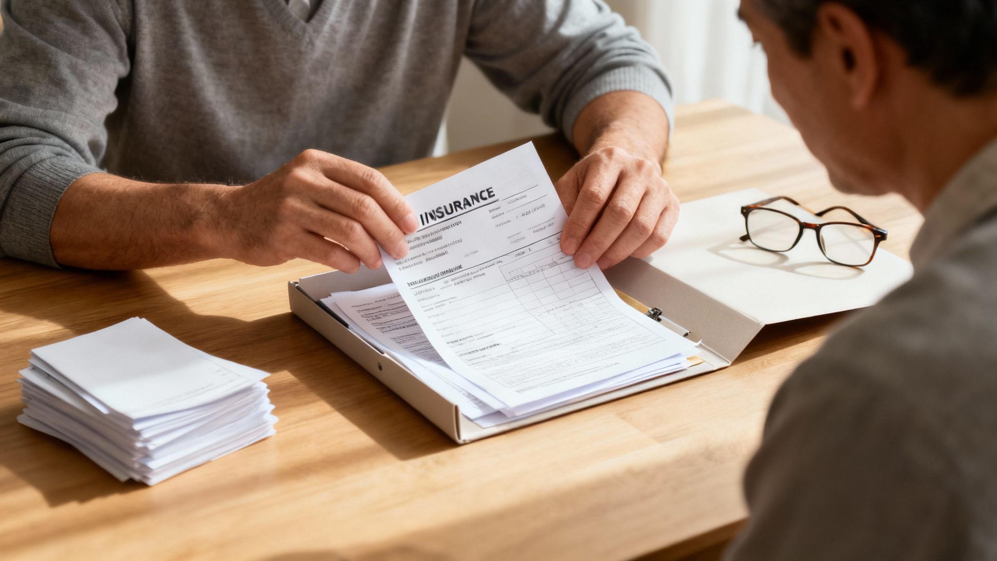 Two men review an insurance document, discussing important paperwork at a wooden desk.