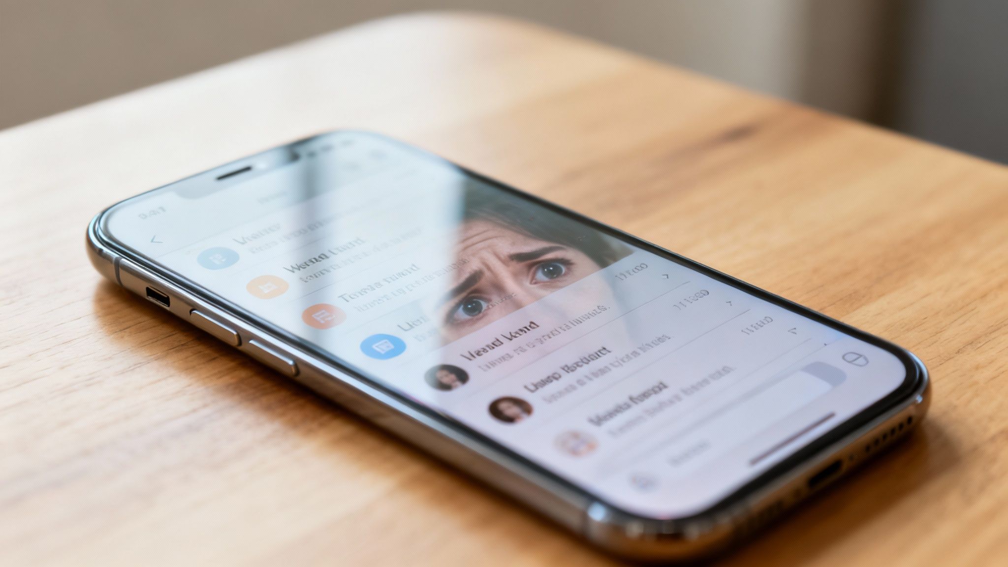 A close-up of an iPhone on a wooden table, reflecting a woman's worried face.