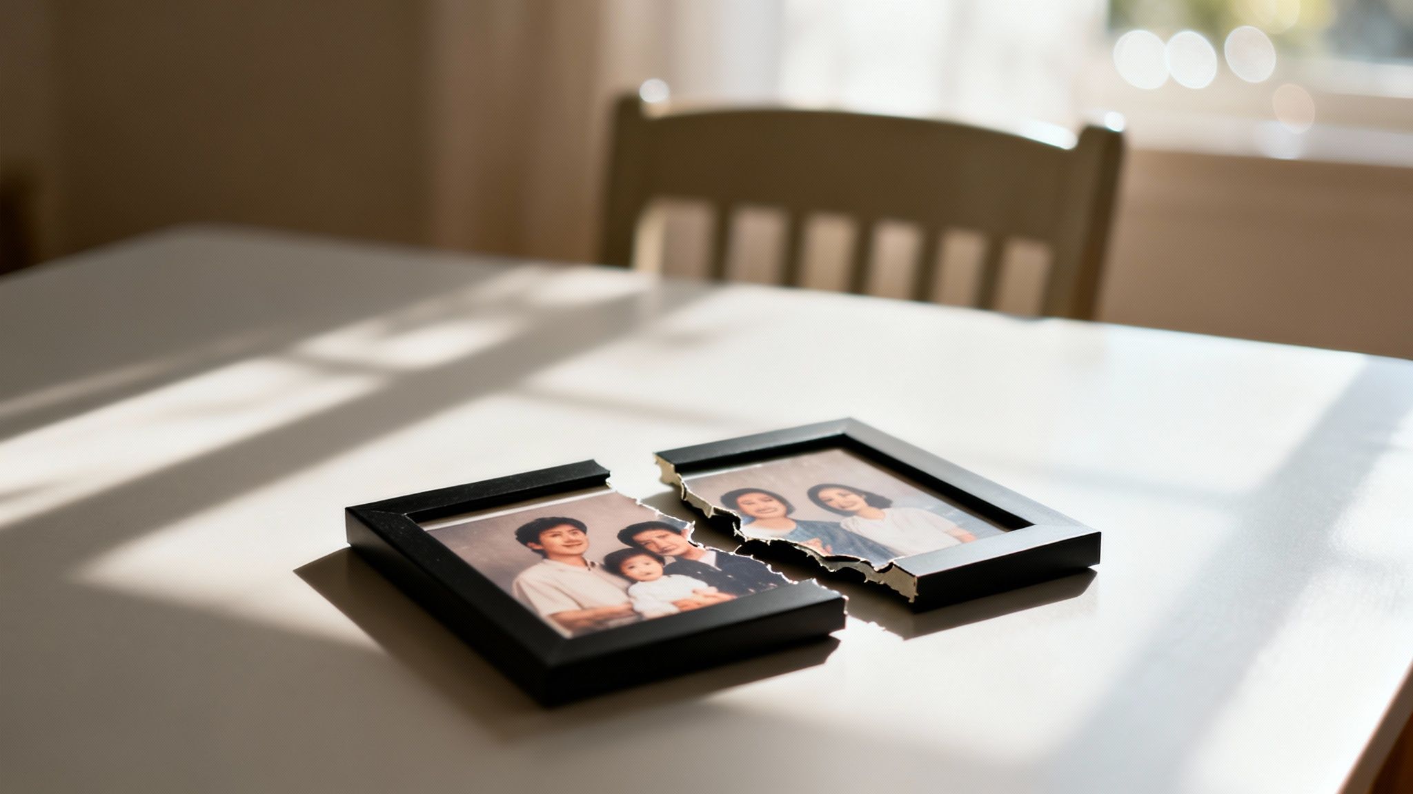 A broken picture frame with a family photo, split in two, on a table.