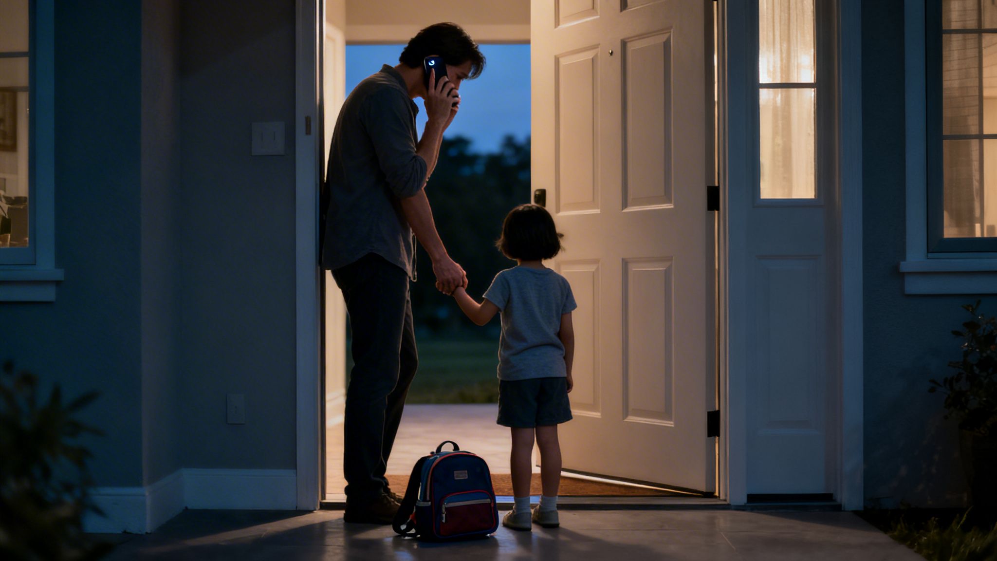 A man on the phone holds a child's hand, standing by an open door at dusk.