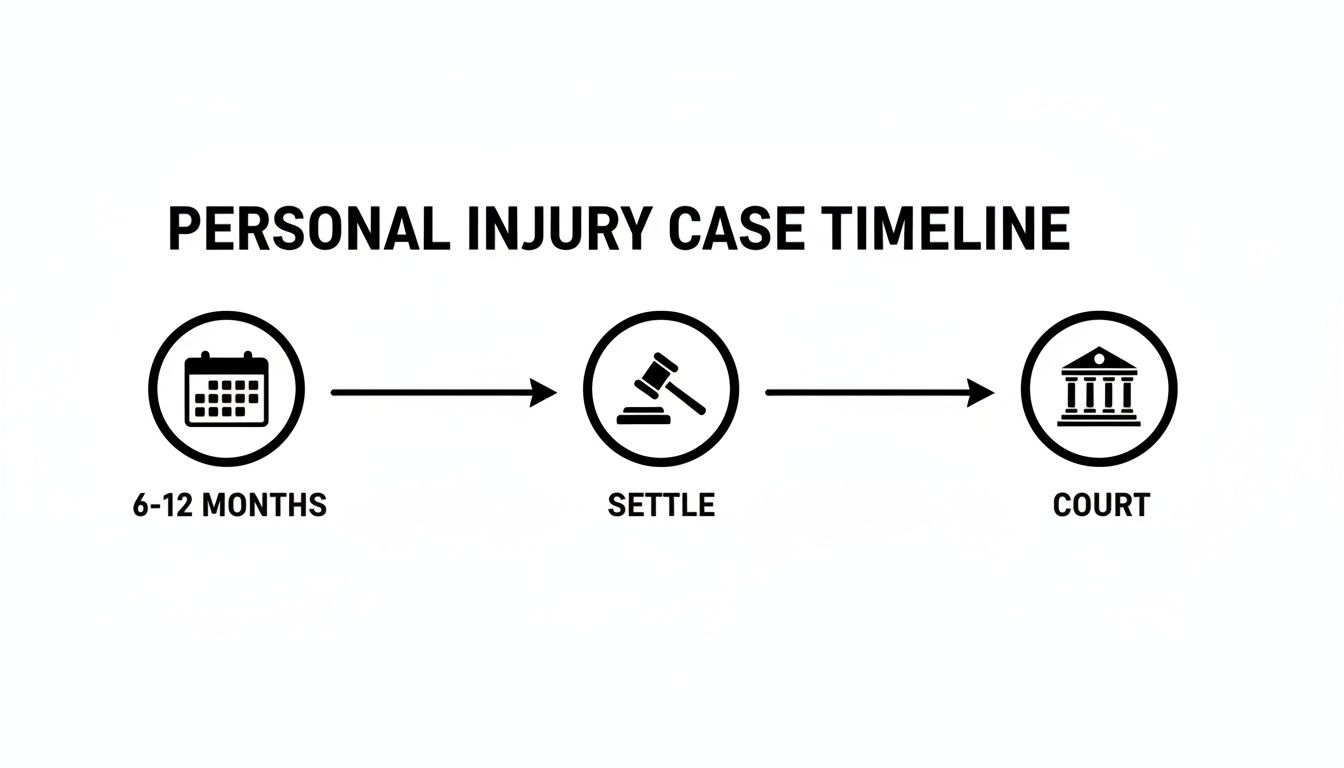 Infographic illustrating a personal injury case timeline with stages: 6-12 months, settlement, and court.