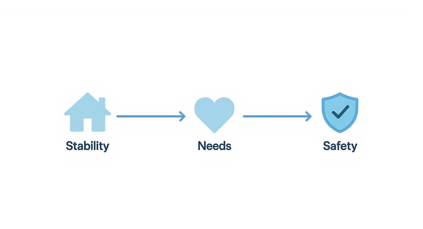 A diagram illustrating a progression: a house for stability, leading to needs (heart icon), then to a shield for safety.