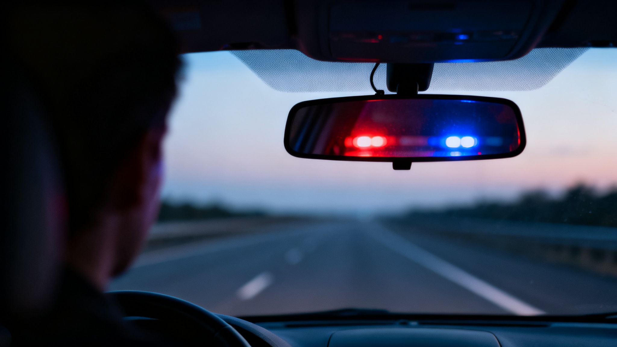 Driver's view of a rearview mirror reflecting red and blue police lights on a highway at dusk.