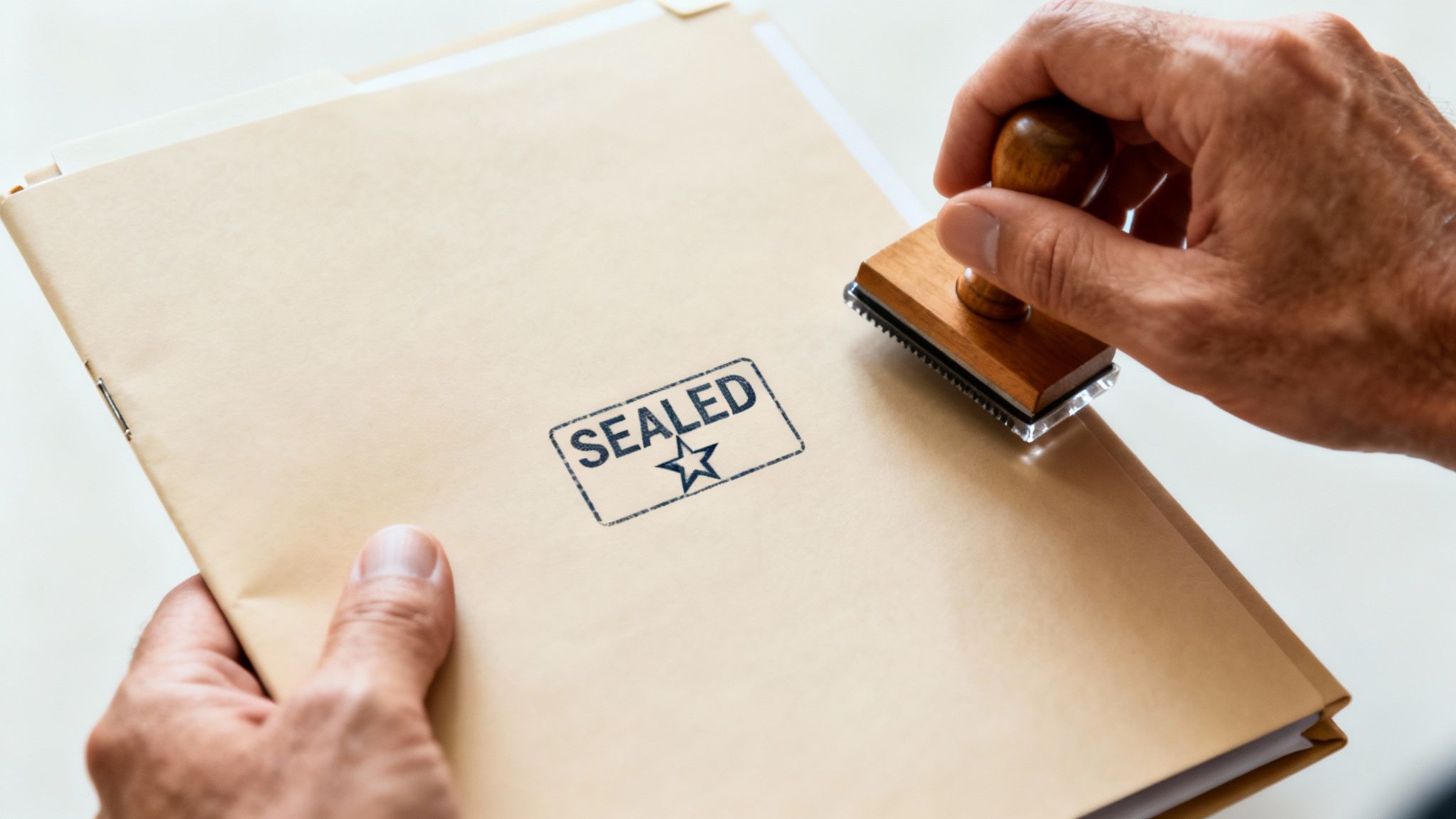 Close-up of a person's hand pressing a 'SEALED' stamp onto a brown file folder.