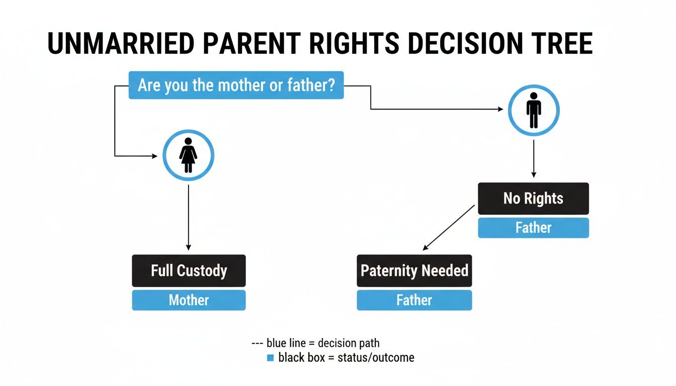 Decision tree explaining unmarried parent rights, showing mothers typically get full custody, while fathers need to establish paternity.