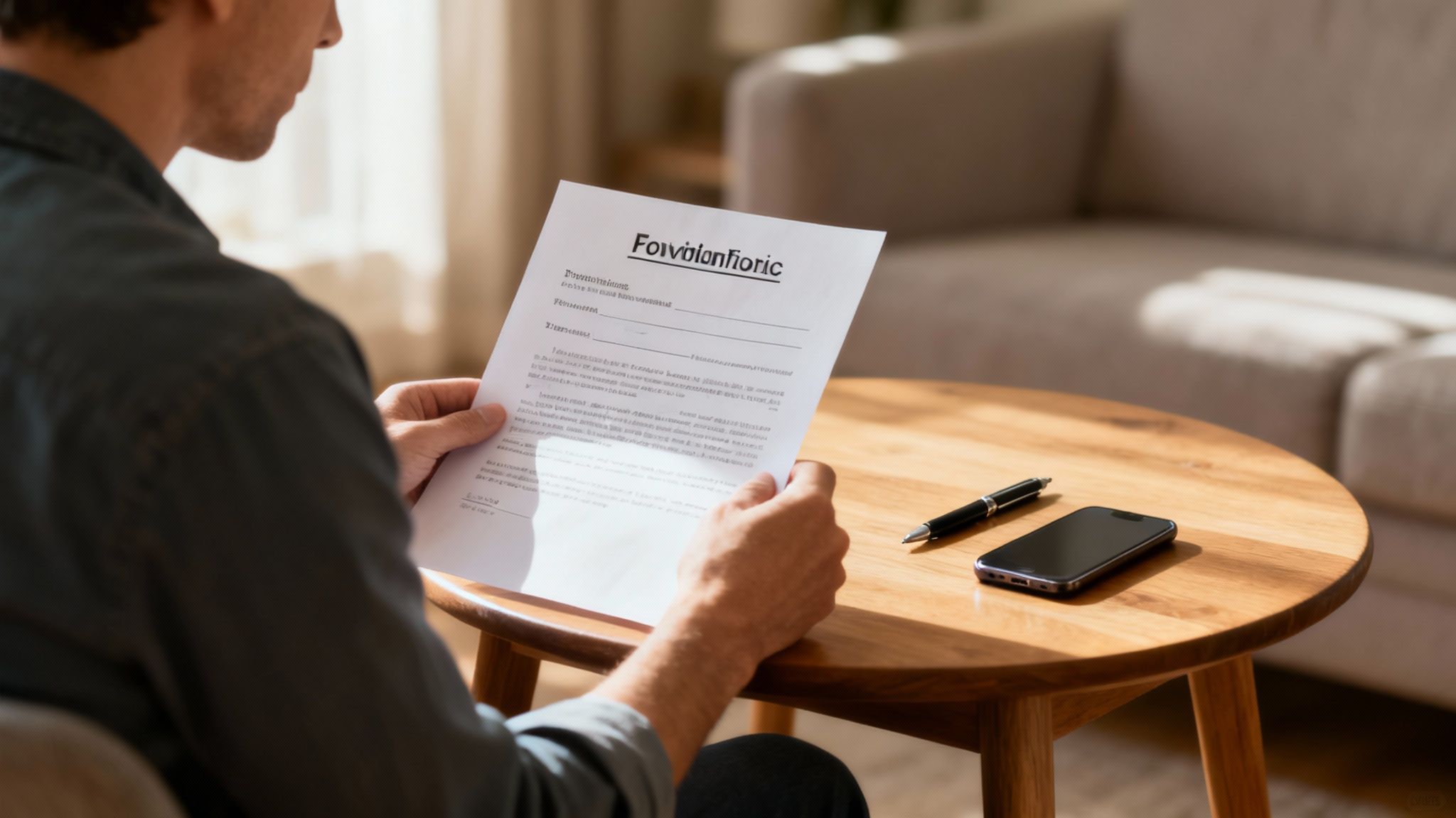 Person reviewing eviction notice in a living room, highlighting tenant rights and legal processes in Texas, with a pen and smartphone on the table.