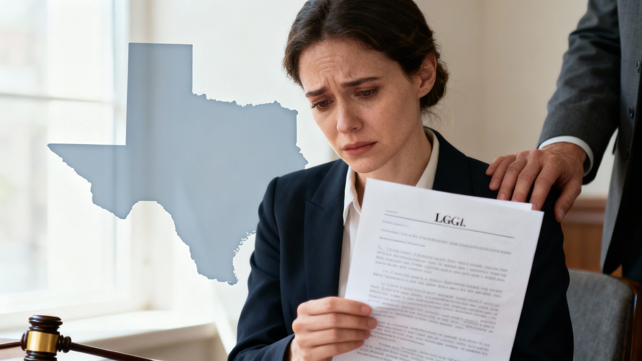 Woman looking distressed while reading legal document, Texas outline in background, emphasizing the importance of legal counsel for felony charges.