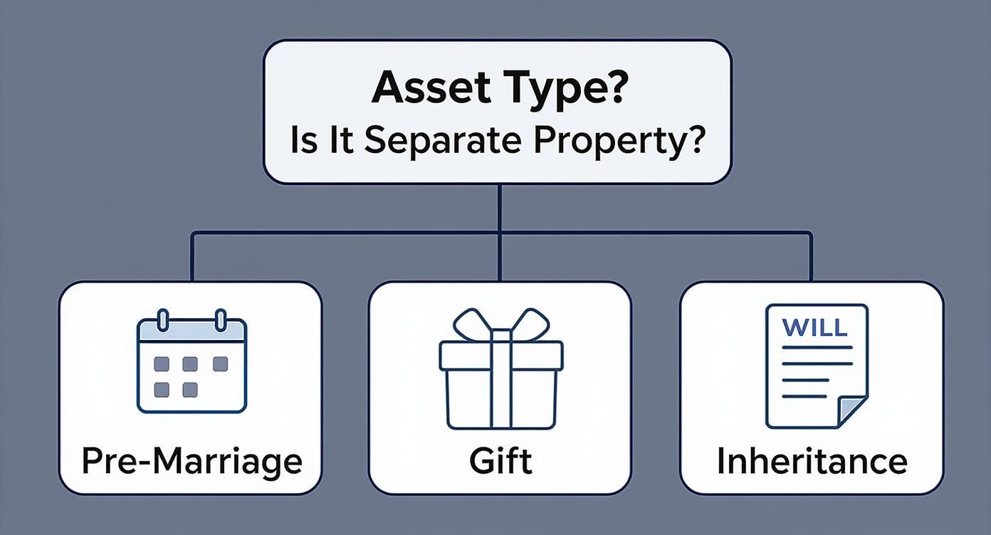 A flowchart asking 'Asset Type? Is It Separate Property?' with three branches: Pre-Marriage, Gift, Inheritance.