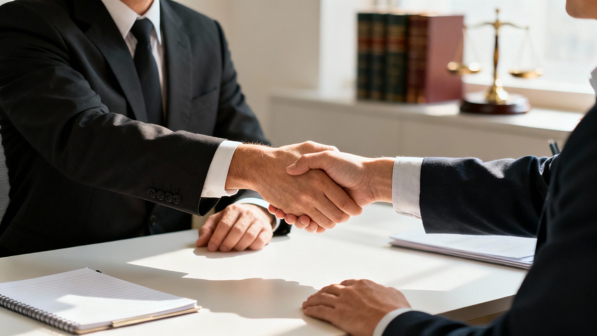 Handshake between two men in suits, symbolizing legal partnership and consultation for intoxication manslaughter cases in Texas.