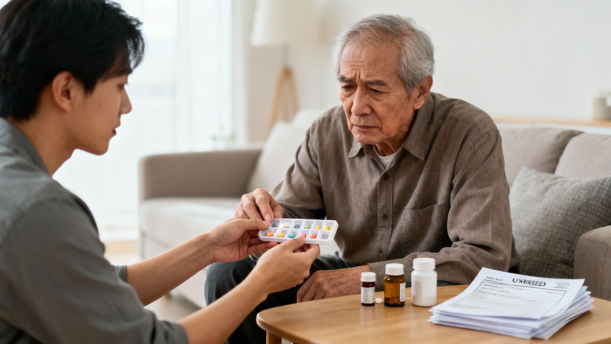 Young adult assisting elderly man with medication management, showcasing pill organizer and various medication bottles, reflecting the importance of care and oversight in guardianship decisions.