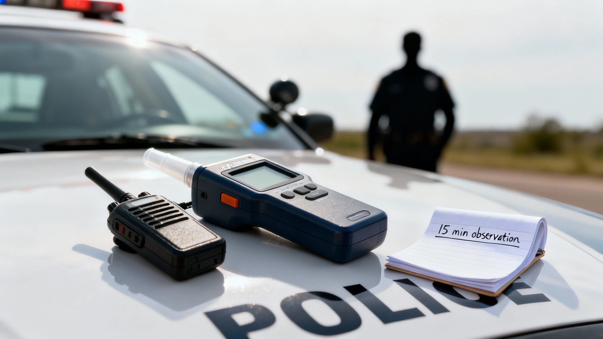 Breathalyzer device and police radio on a patrol car, with a notepad displaying "15 min observation," highlighting critical procedures in breath alcohol testing.