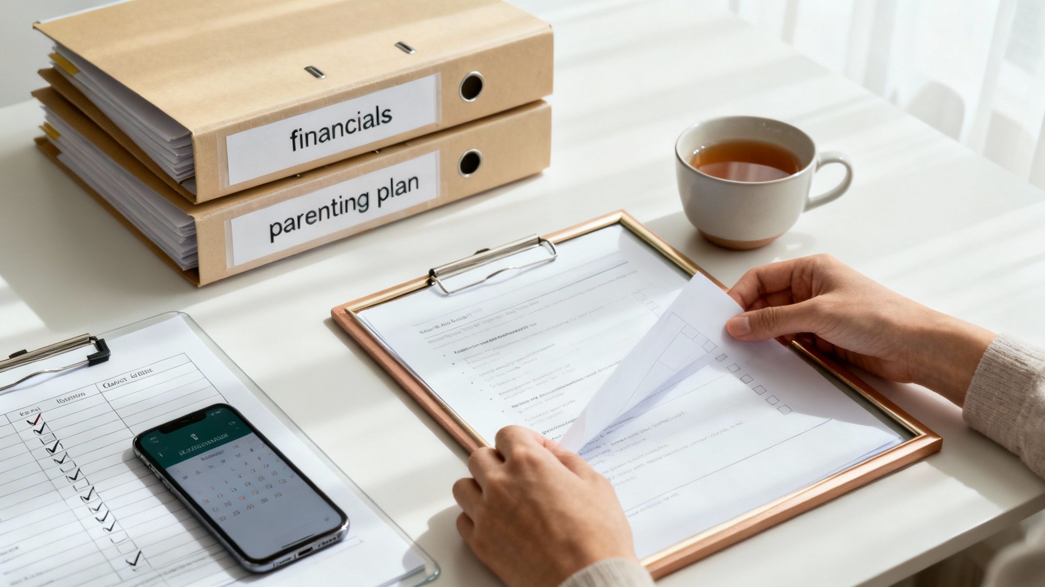 Person reviewing family mediation documents with financials and parenting plan binders on desk
