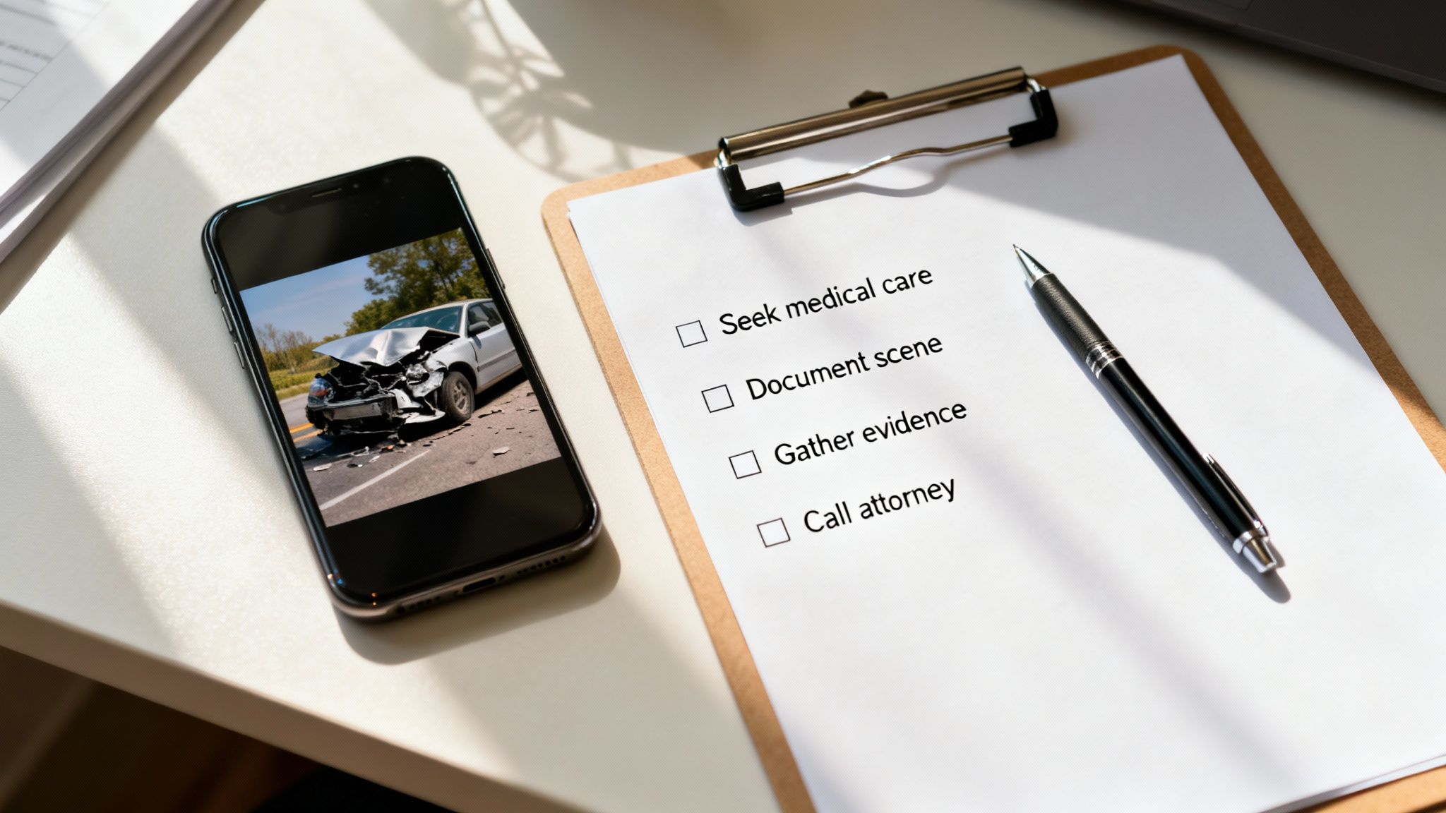 Close-up of a smartphone with a car accident image next to a legal checklist.