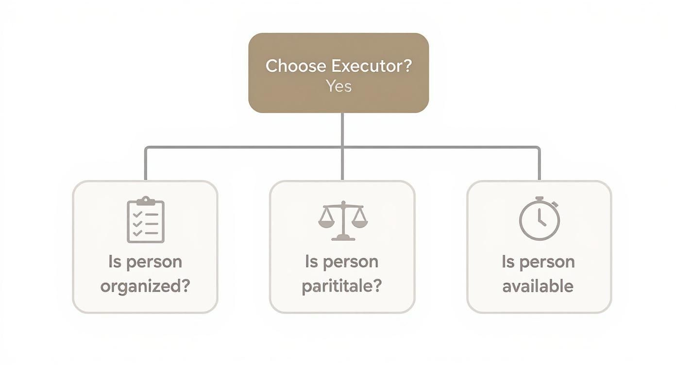 A flowchart for choosing an executor, asking if the person is organized, parititale, and available.