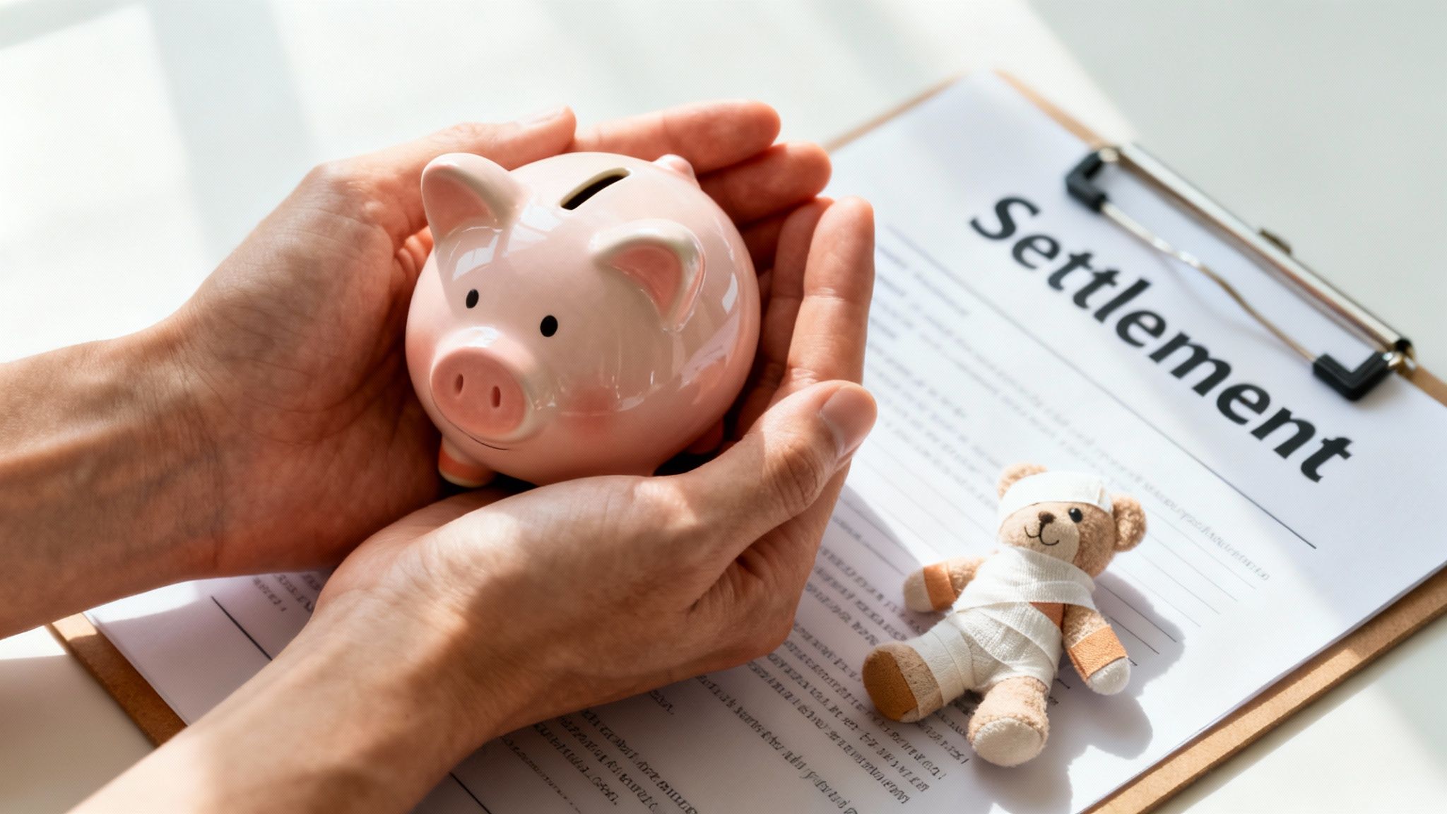 Hands hold a piggy bank next to a settlement document and bandaged teddy bear.