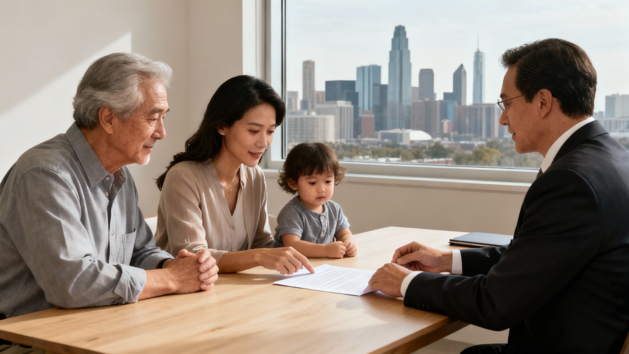 Una familia hispana en Houston sonriendo, sintiéndose segura sobre su futuro gracias a la planificación patrimonial.