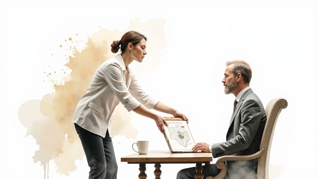 Woman presenting a document to a man at a table, symbolizing the process of choosing a divorce lawyer in Texas, with a focus on local legal expertise and specialization in family law.