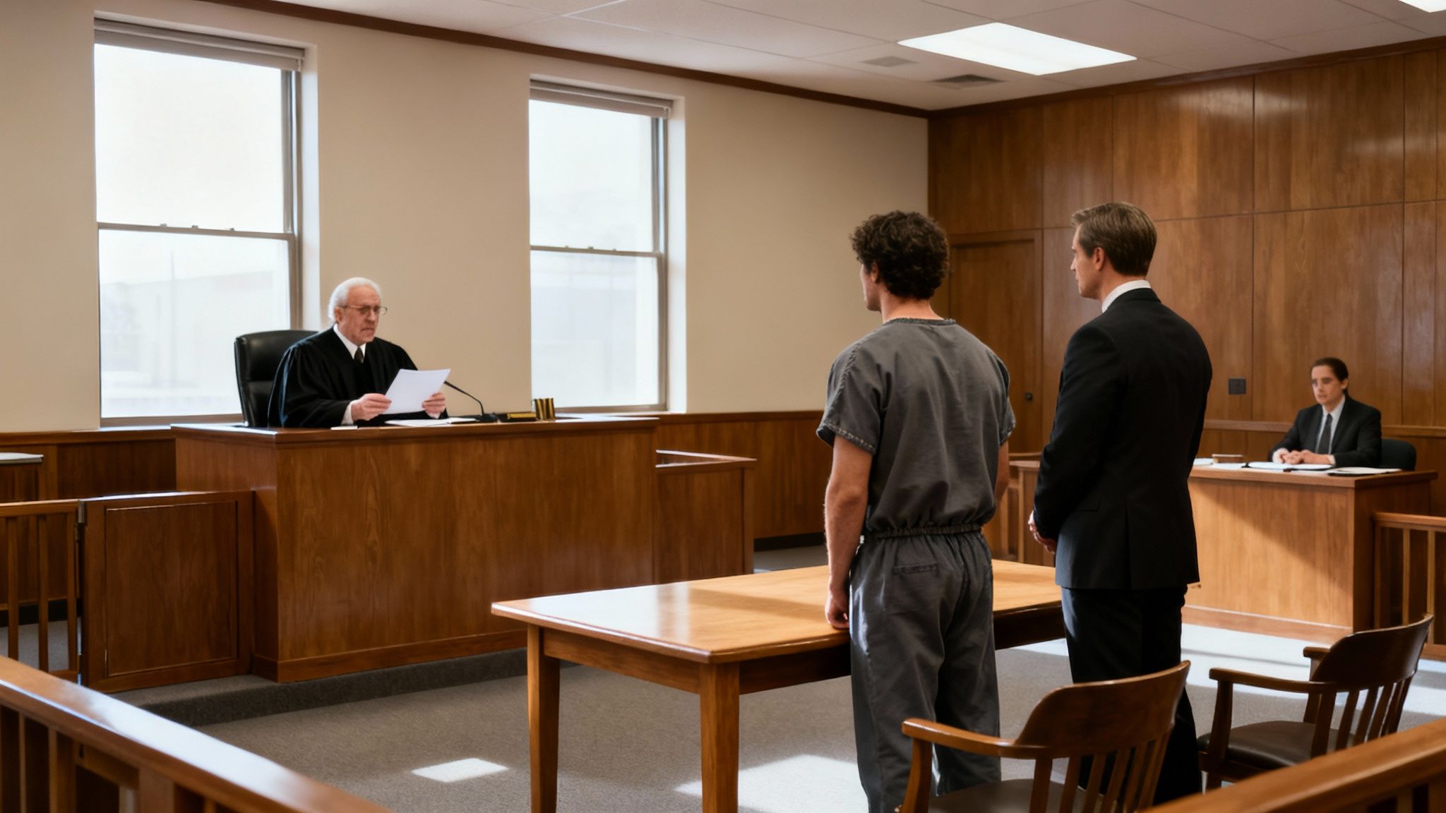 A courtroom scene with a judge, a defendant in a jumpsuit, and a lawyer standing.