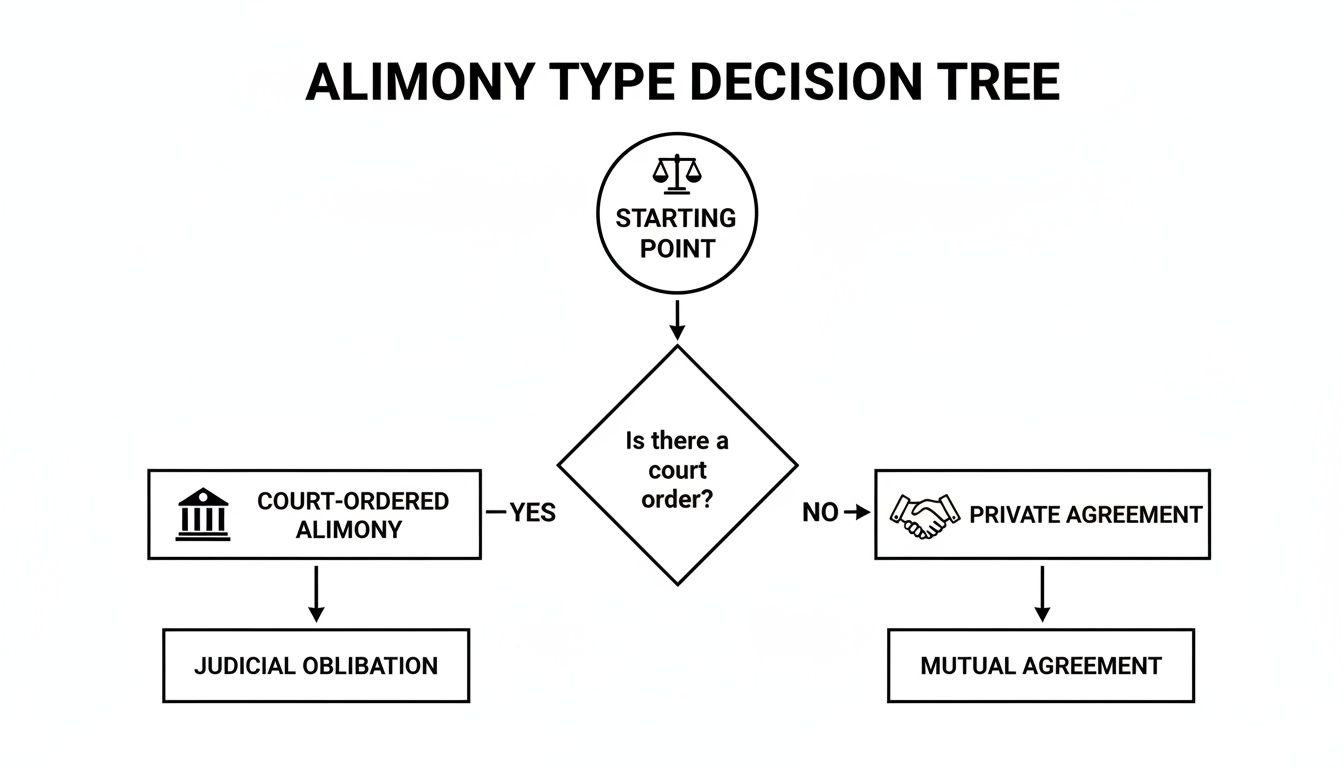 A flowchart titled 'Alimony Type Decision Tree' illustrating the types of alimony based on court orders.