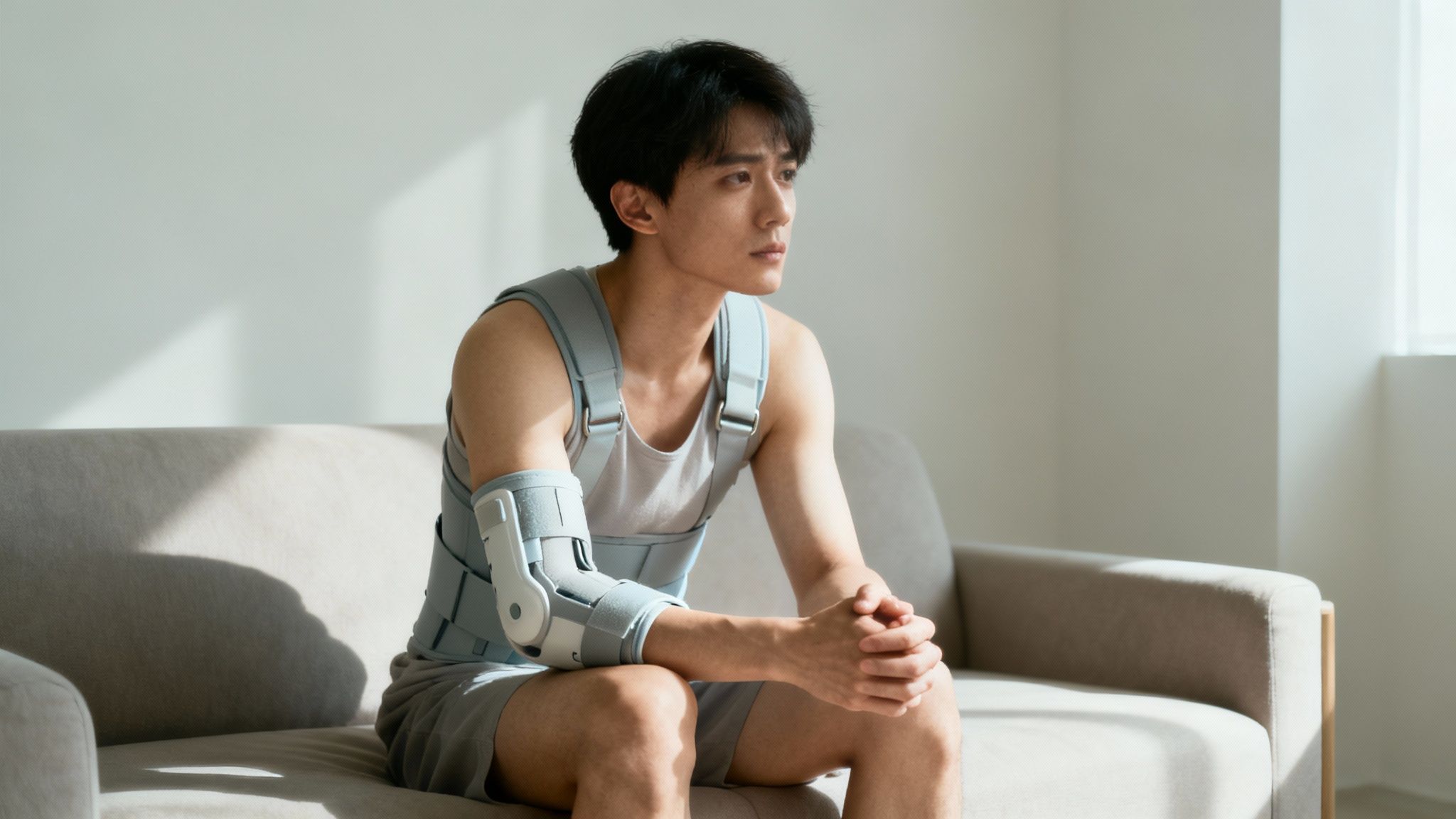 A person sitting on a couch, looking distressed with their head in their hands.